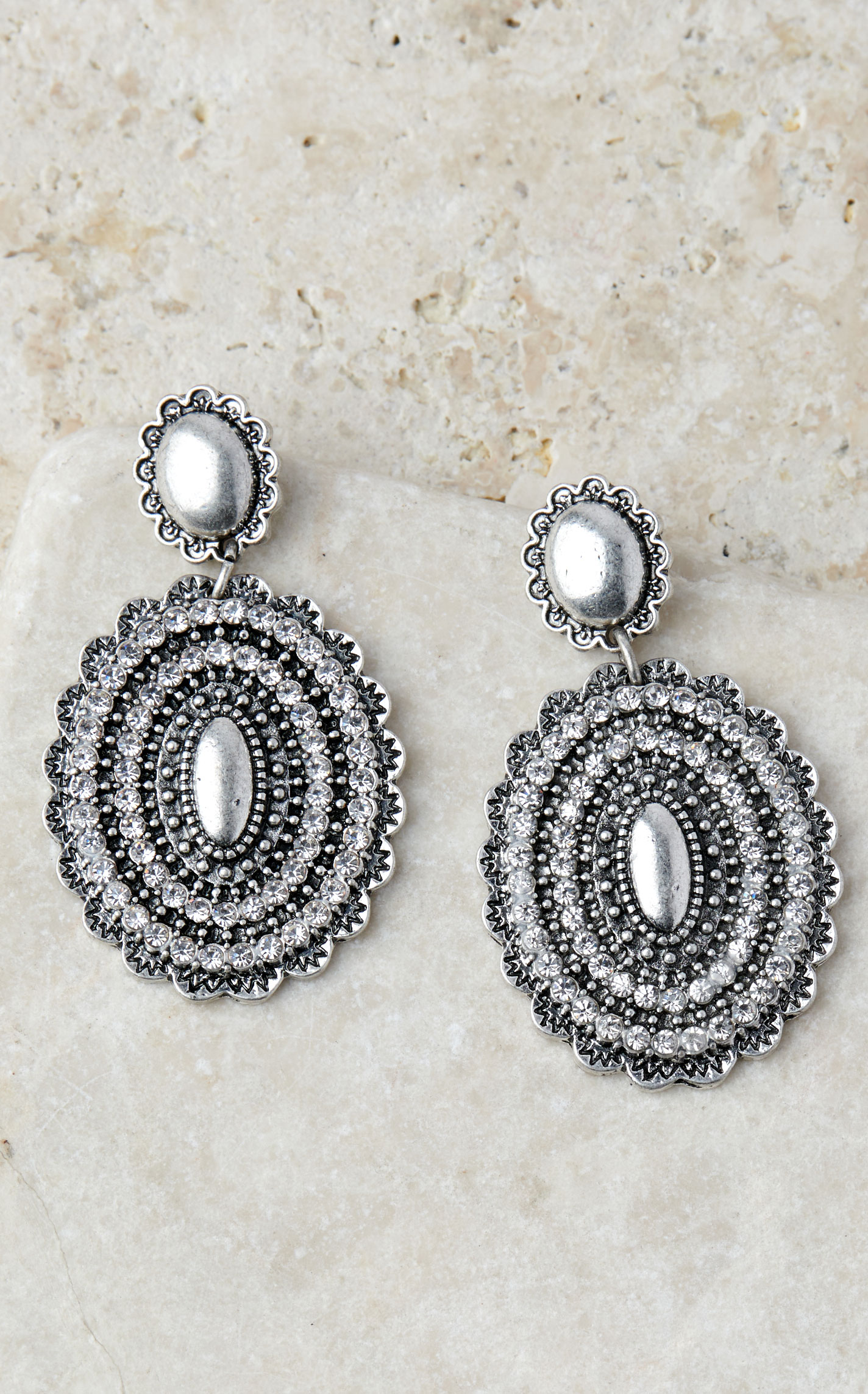 Cowgirl Confetti Silver & Crystal Lace Concho Feel the Sun Earrings - Image 1