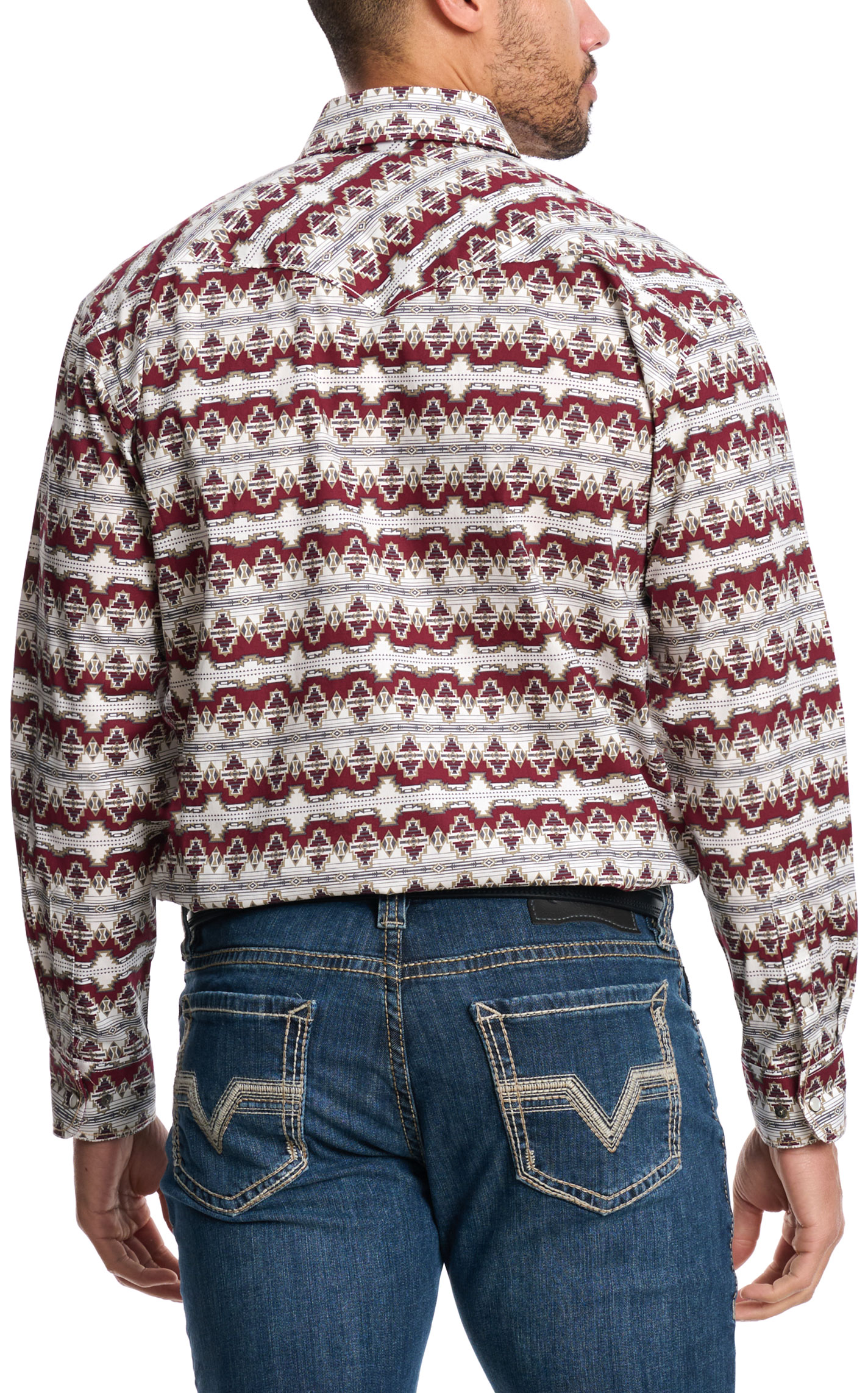 Panhandle Men's Rough Stock Burgundy & Taupe Aztec Western Shirt - Image 1