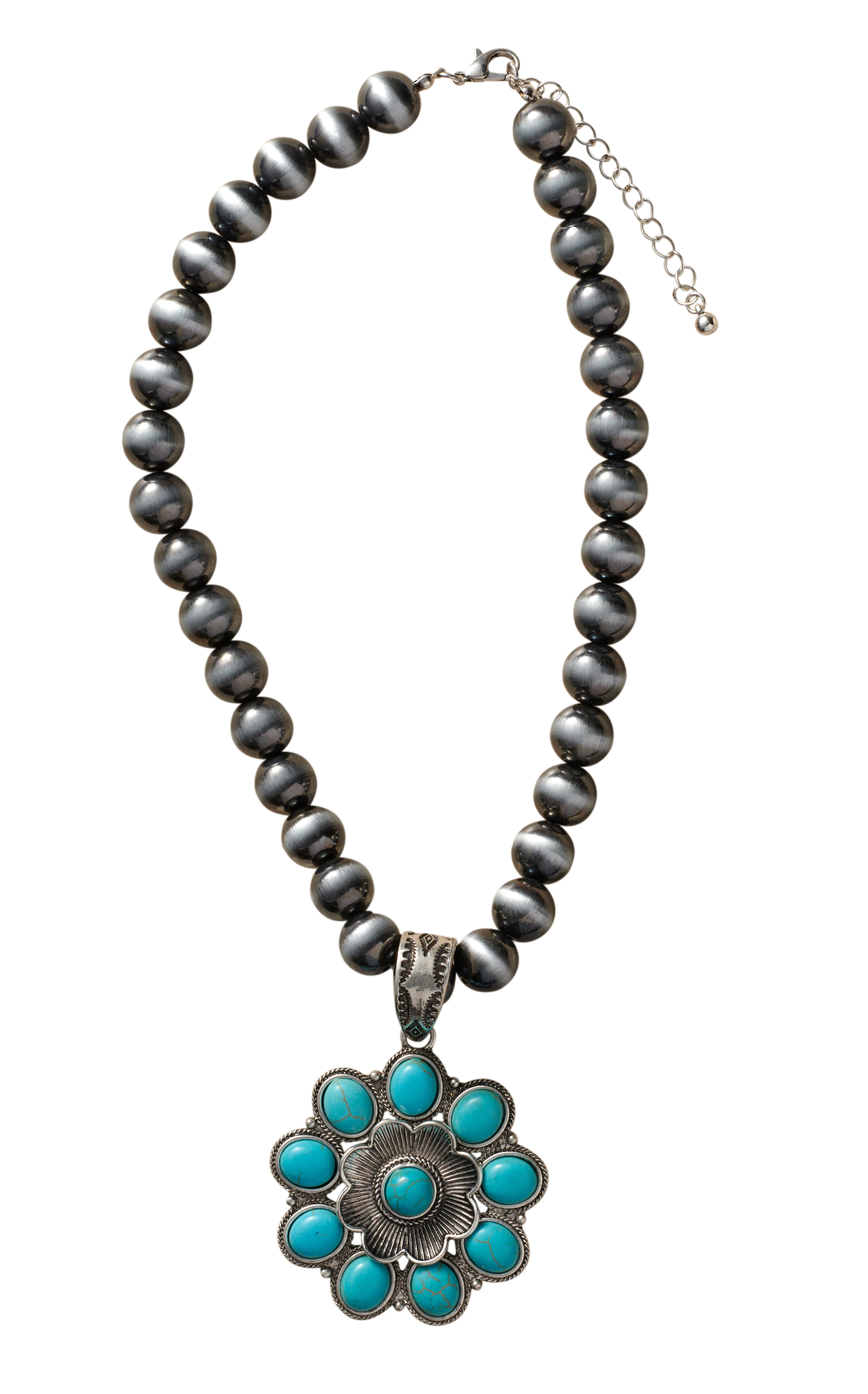 806 by Pink Panache Large Silver Navajo Pearls & Turquoise Stone Jewelry Set - Image 1