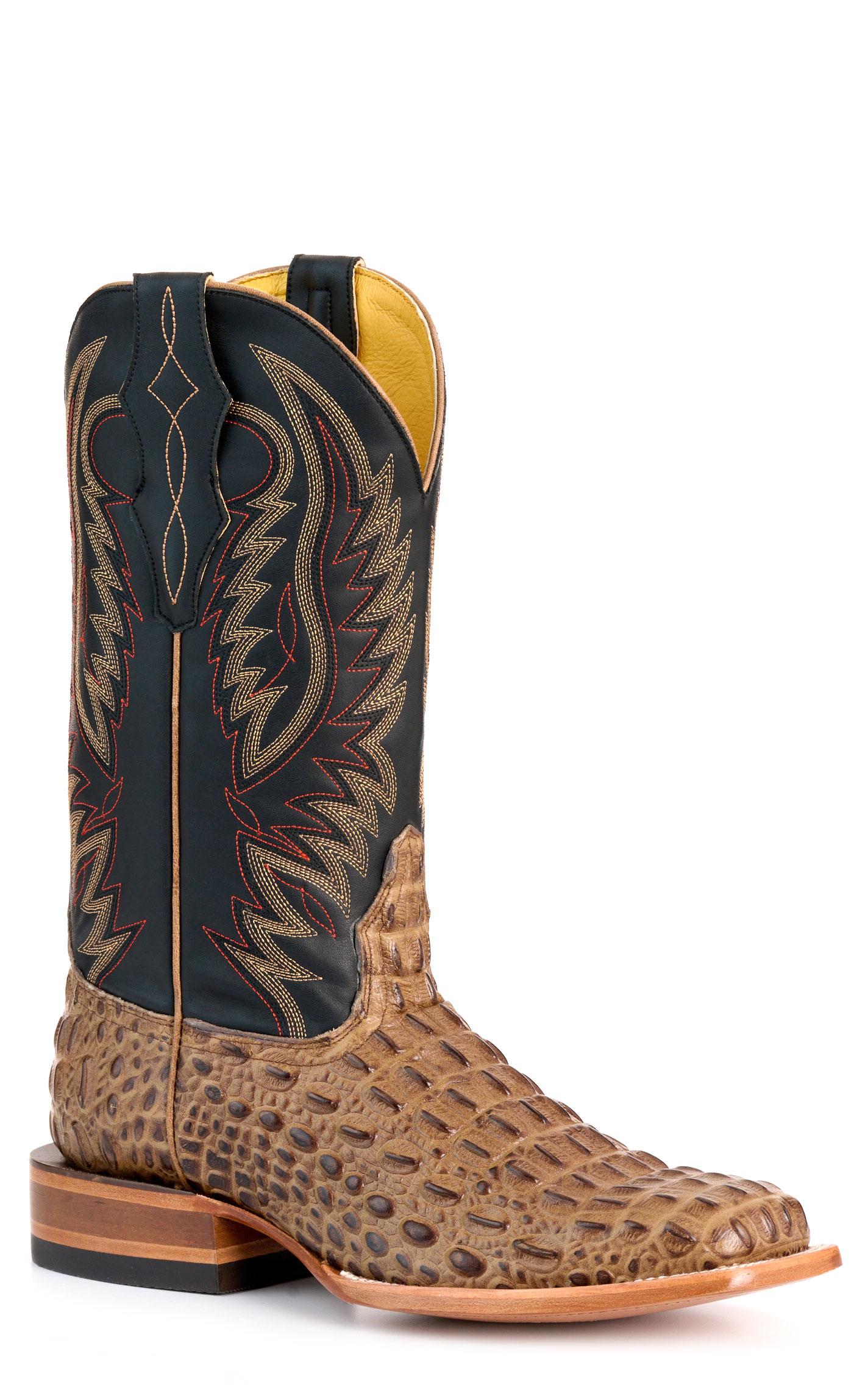 Cavender's Men's Pecan Caiman Print and Black Wide Square Toe Cowboy Boots - Image 1