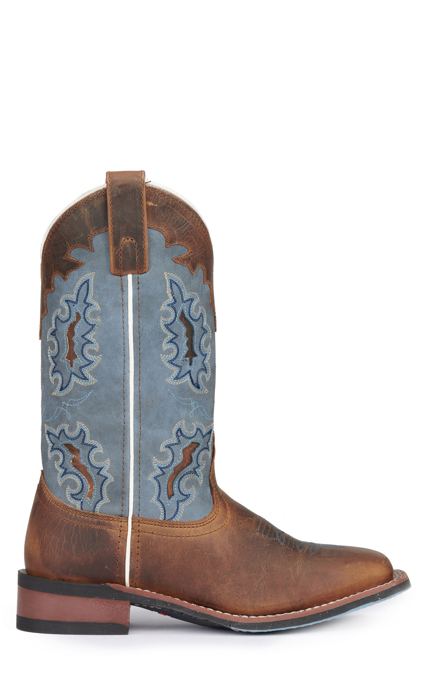 Laredo Women's Isla Tan Distressed Leather with Blue Denim Top Square Toe Cowboy Boots - Image 1