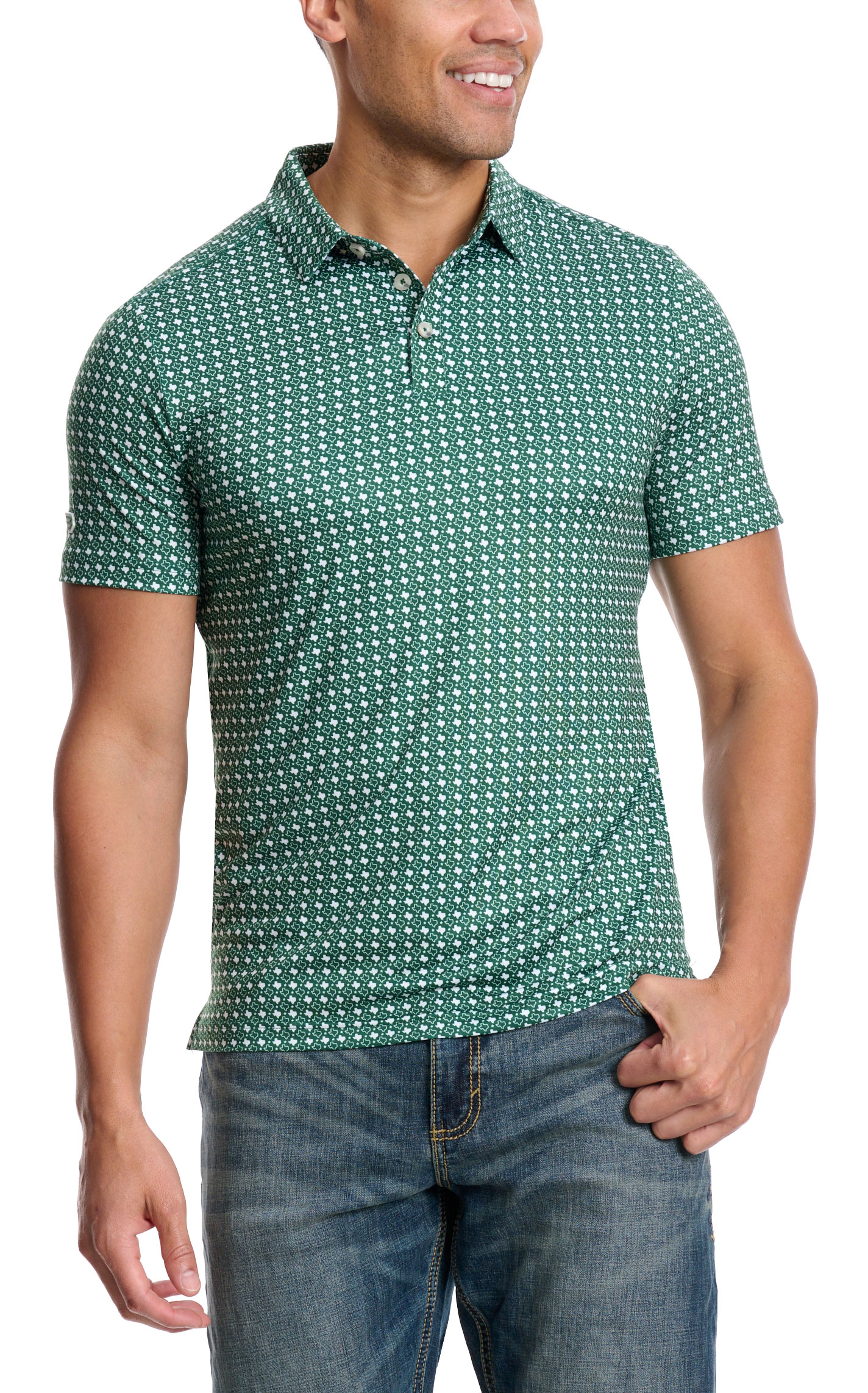 BURLEBO Men's Green & White Texas Print Performance Polo - Image 1