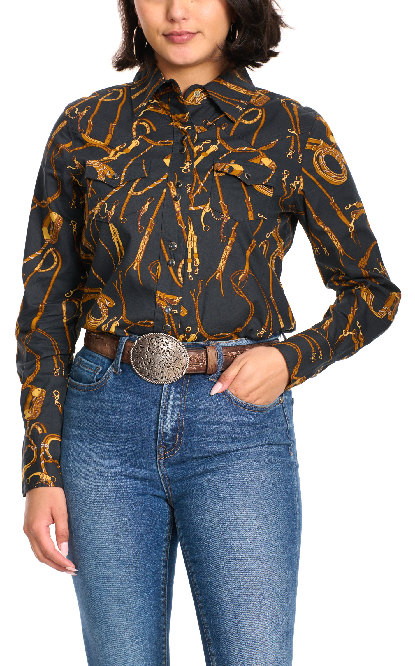 Cruel Girl Women's Washed Black & Golden Tack Western Top - Image 1