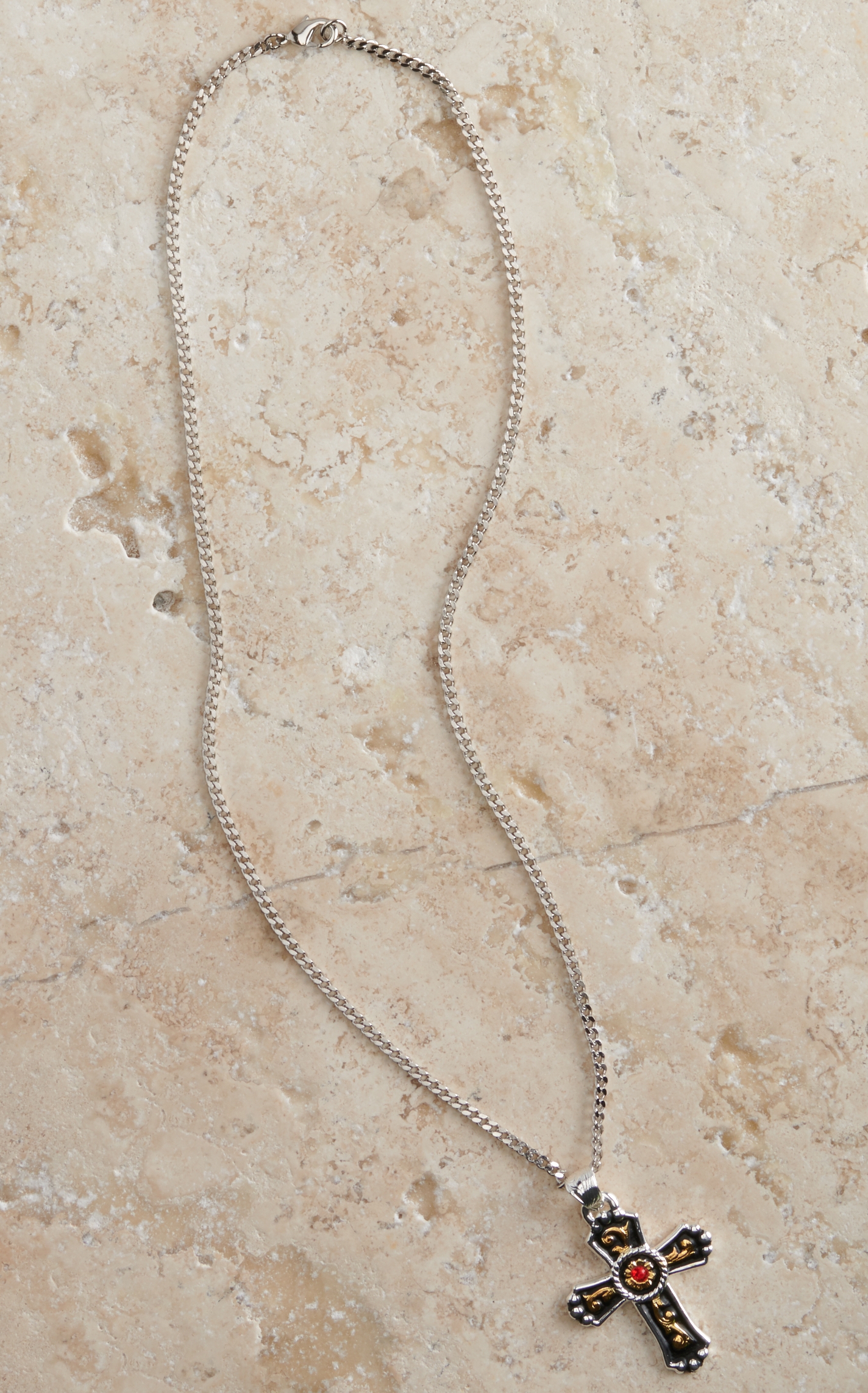 Silver Strike Men's Silver and Gold Cross with Red Stone Accent Pendant Necklace - Image 1