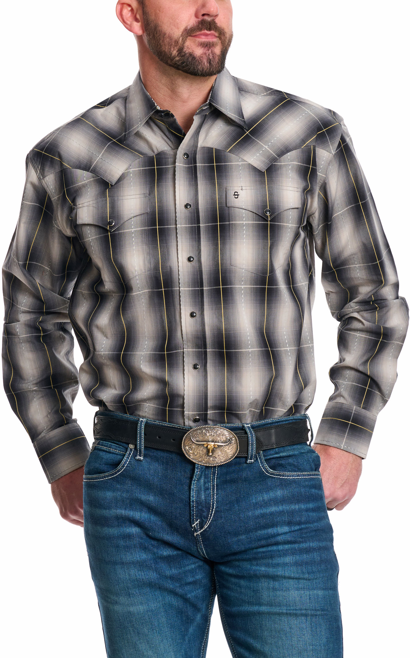 Stetson Men's Black & Gray Plaid Western Shirt - Image 1