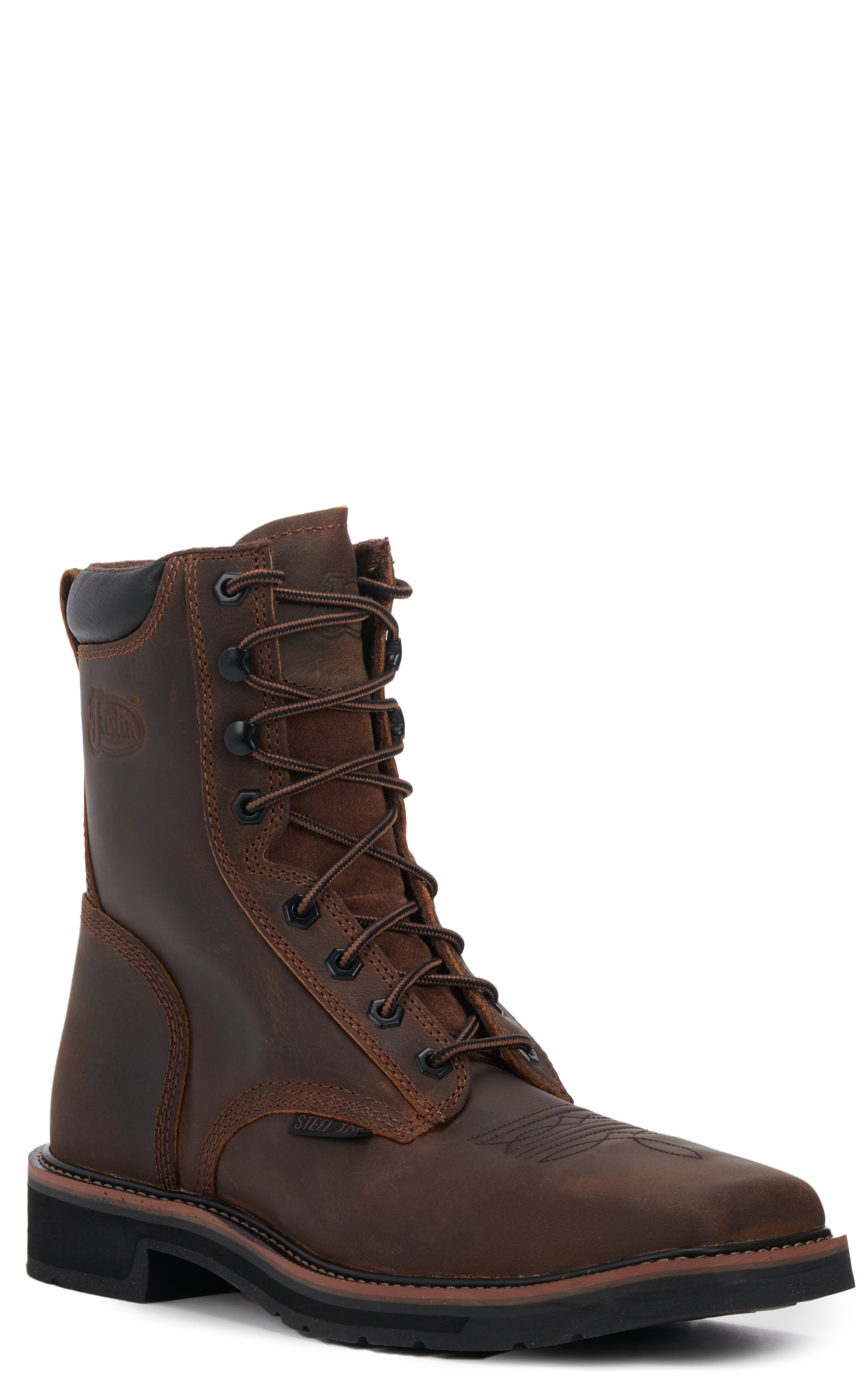 Justin Men's Stampede Pulley Rugged Brown Square Steel Toe Lace Up Work Boot - Image 1