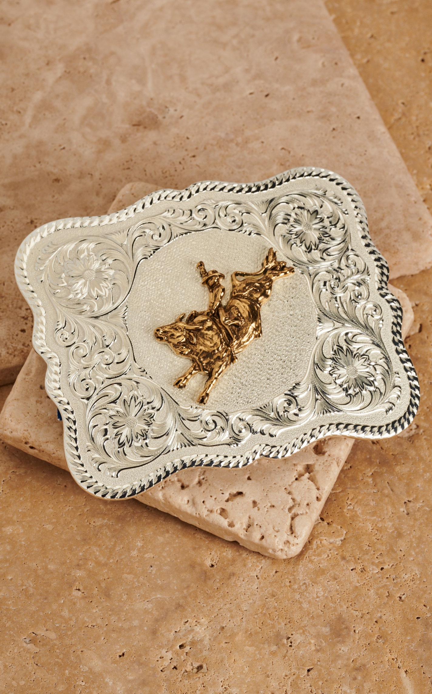 Montana Silversmiths Scalloped Two-Toned Rectangular Bull Rider Belt Buckle - Image 1