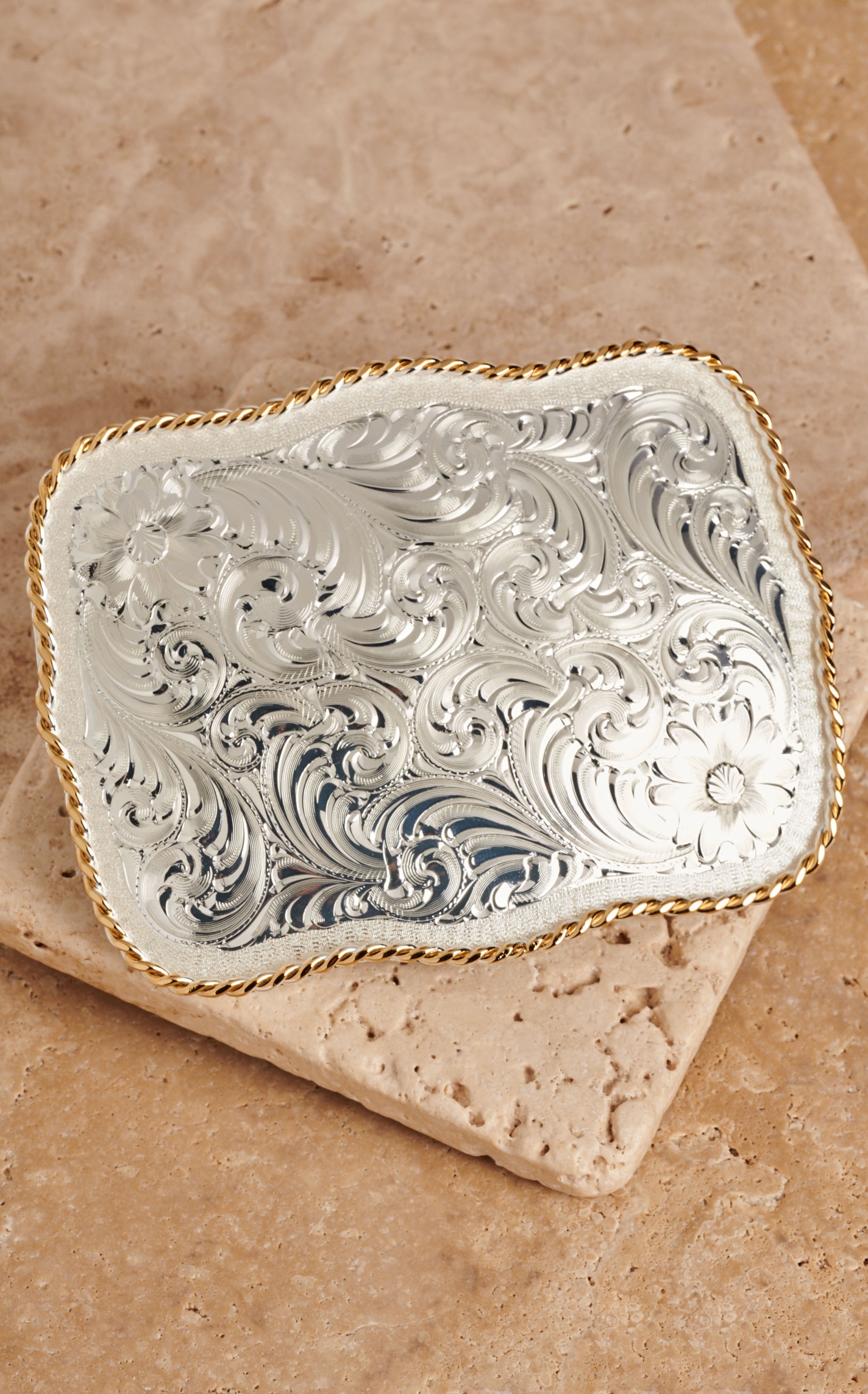 Montana Silversmiths Medium Rectangle Etched Silver Floral Belt Buckle - Image 1