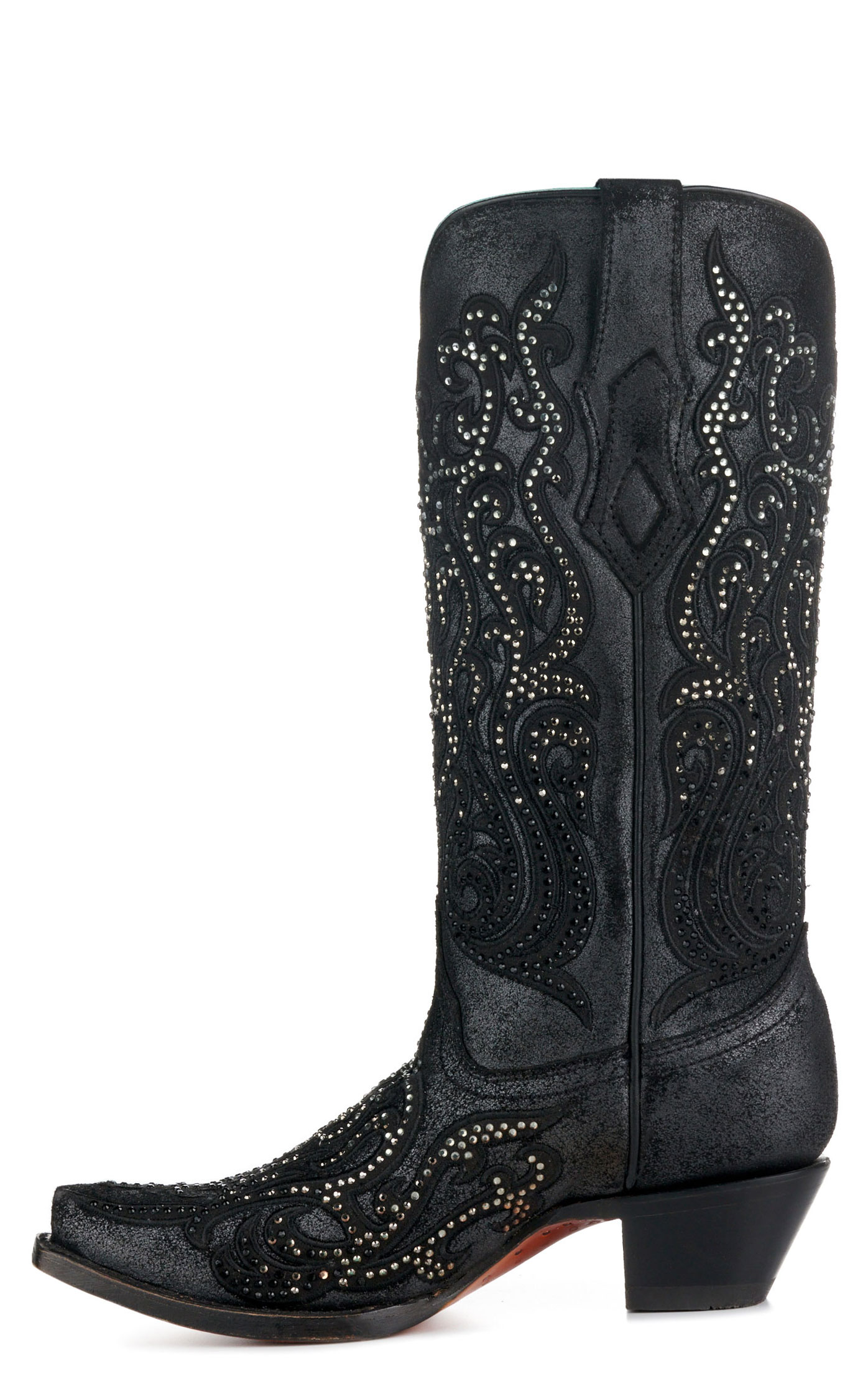 Corral Women's Black with Embroidery & Crystals Snip Toe Cowboy Boots - Image 1