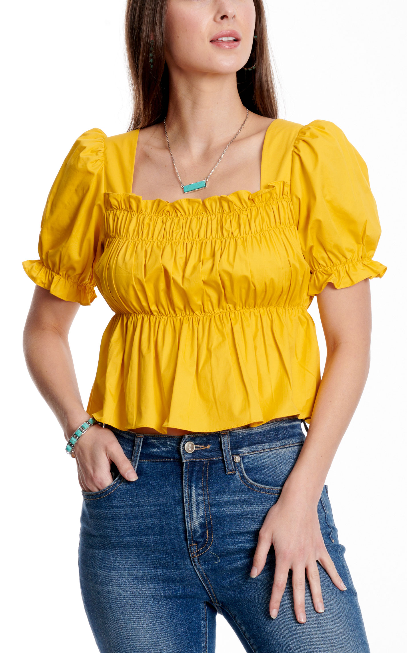 Newbury Kustom Women's Mustard Puffed & Ruffle Top - Image 1