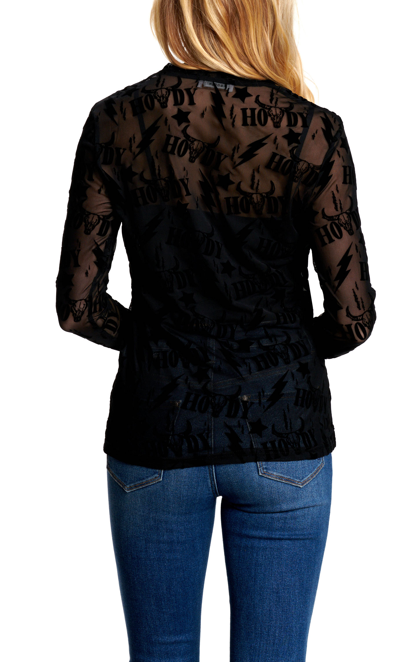 Marigold Kiss Women's Sheer Black Mesh Howdy Print Top - Image 1