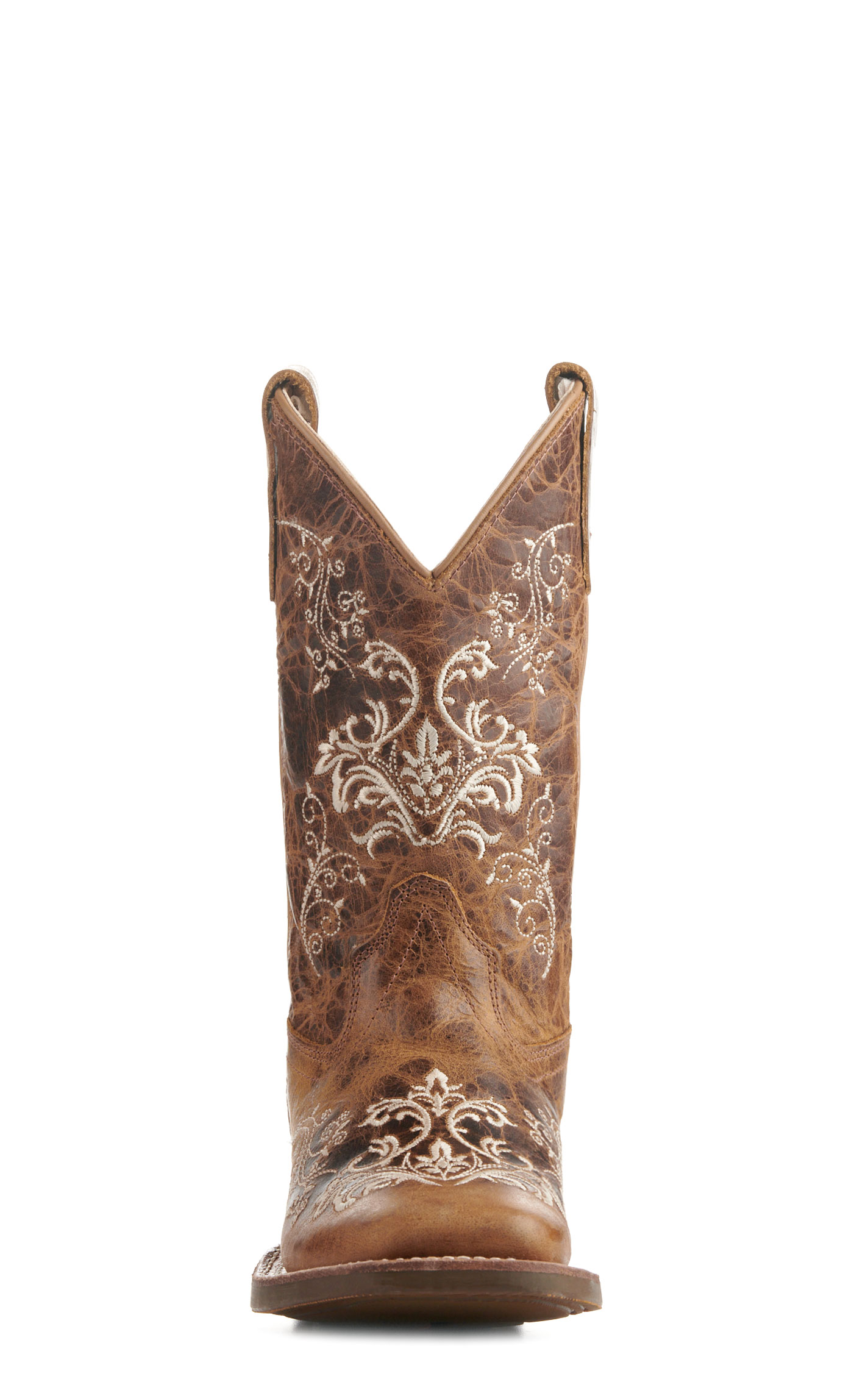 Old West Youth Burnt Tan with Cream Embroidery Wide Square Toe Cowboy Boots - Image 1