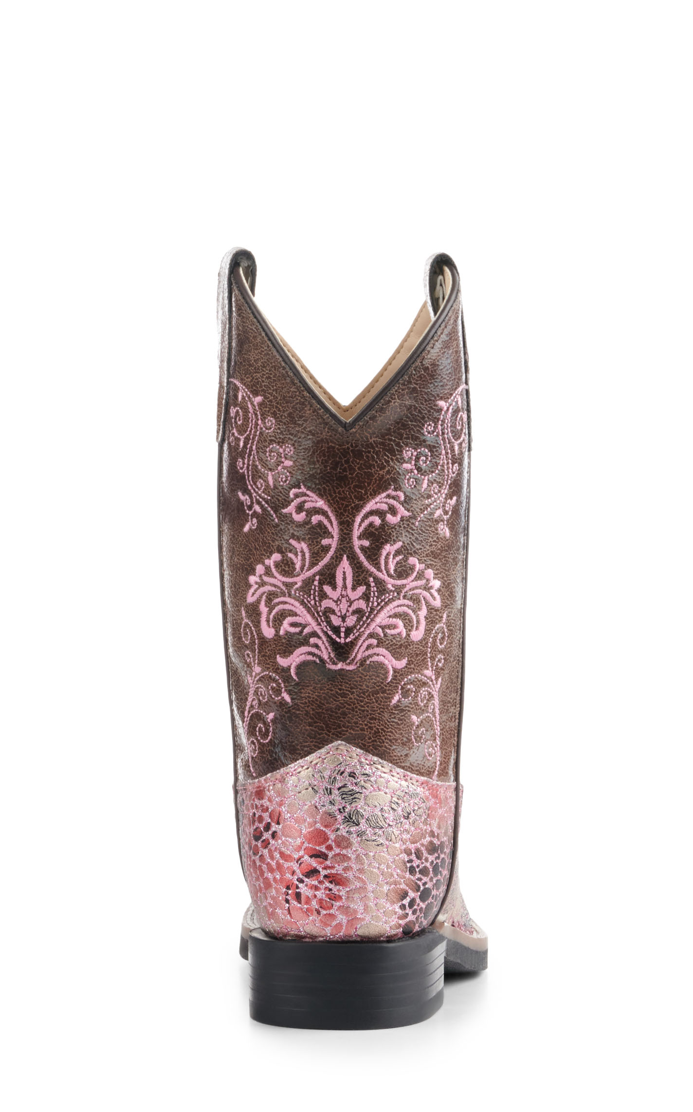 Old West Kids Brown and Crackle Antique Pink Square Toe Cowboy Boots - Image 1