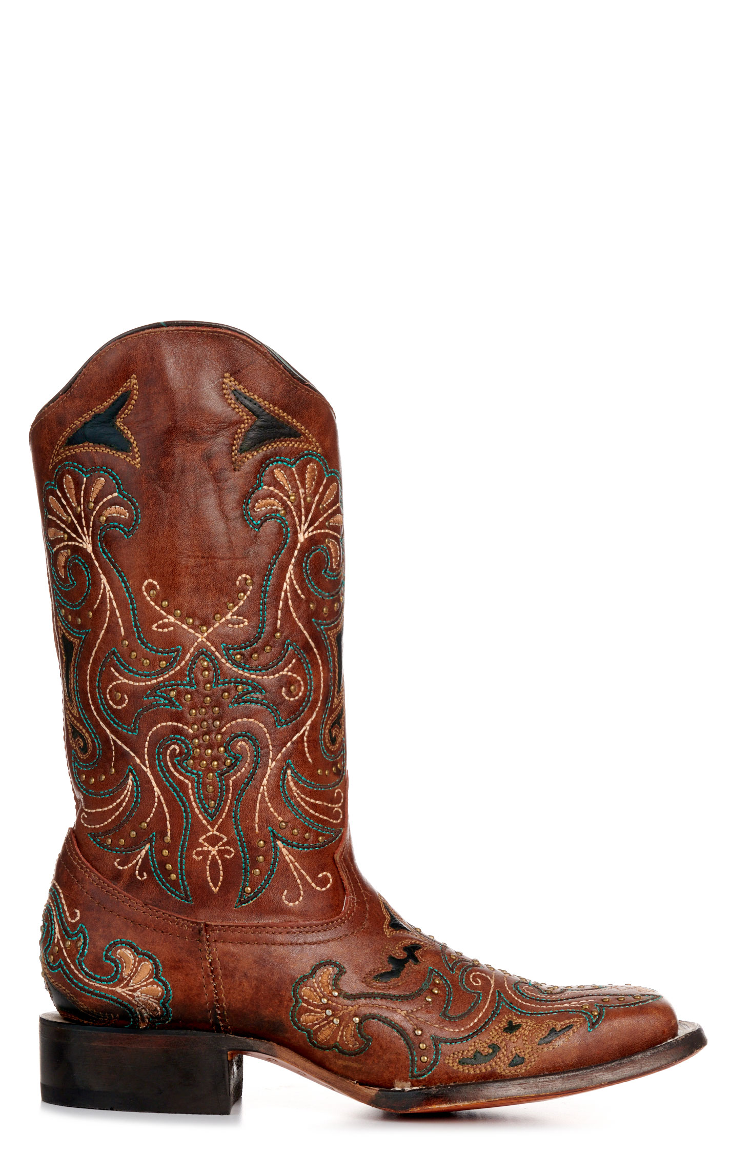 Corral Women's Dark Tan with Embroidery and Studs Square Toe Cowboy Boots - Image 1