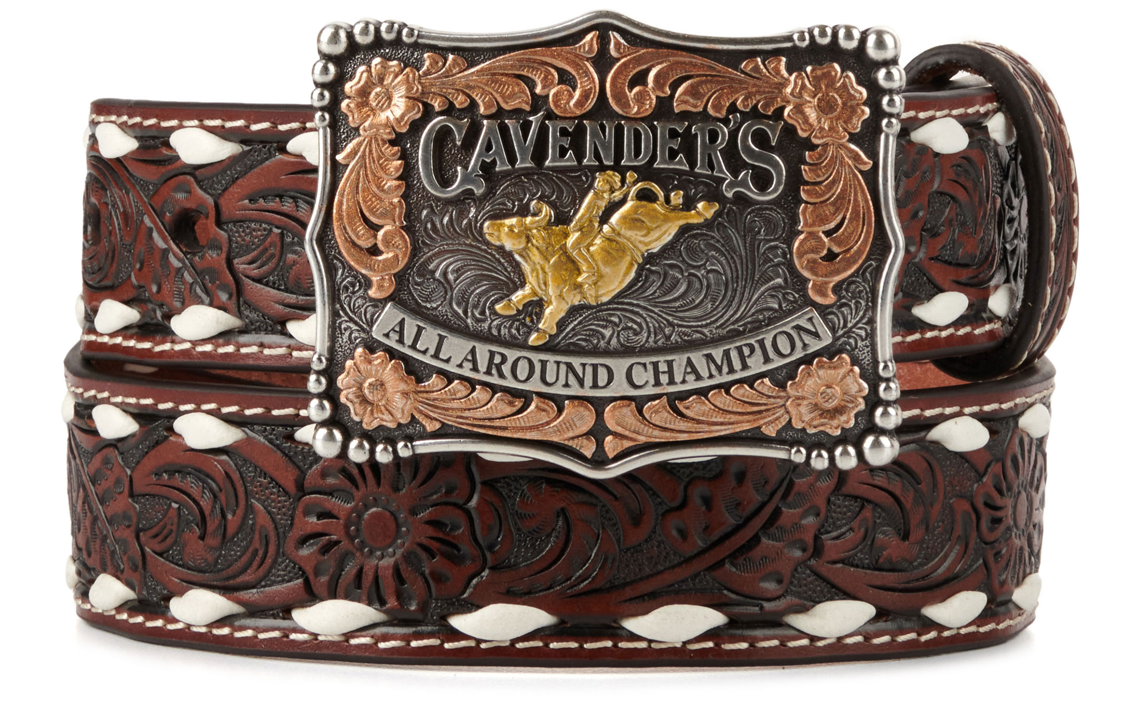 Cavender's Kid's Brown Leather Floral Tooling White Woven Edge with Champion Buckle on Western Belt - Image 1