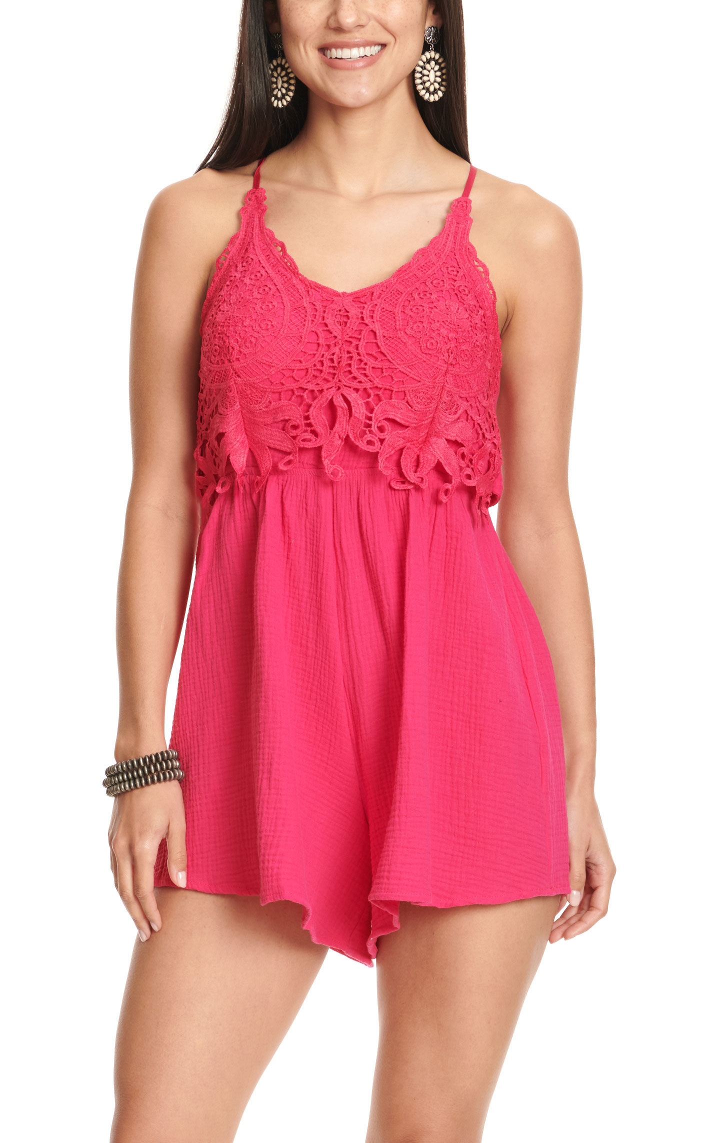 Blue B Women's Fuchsia Lace Tie Back Romper - Image 1