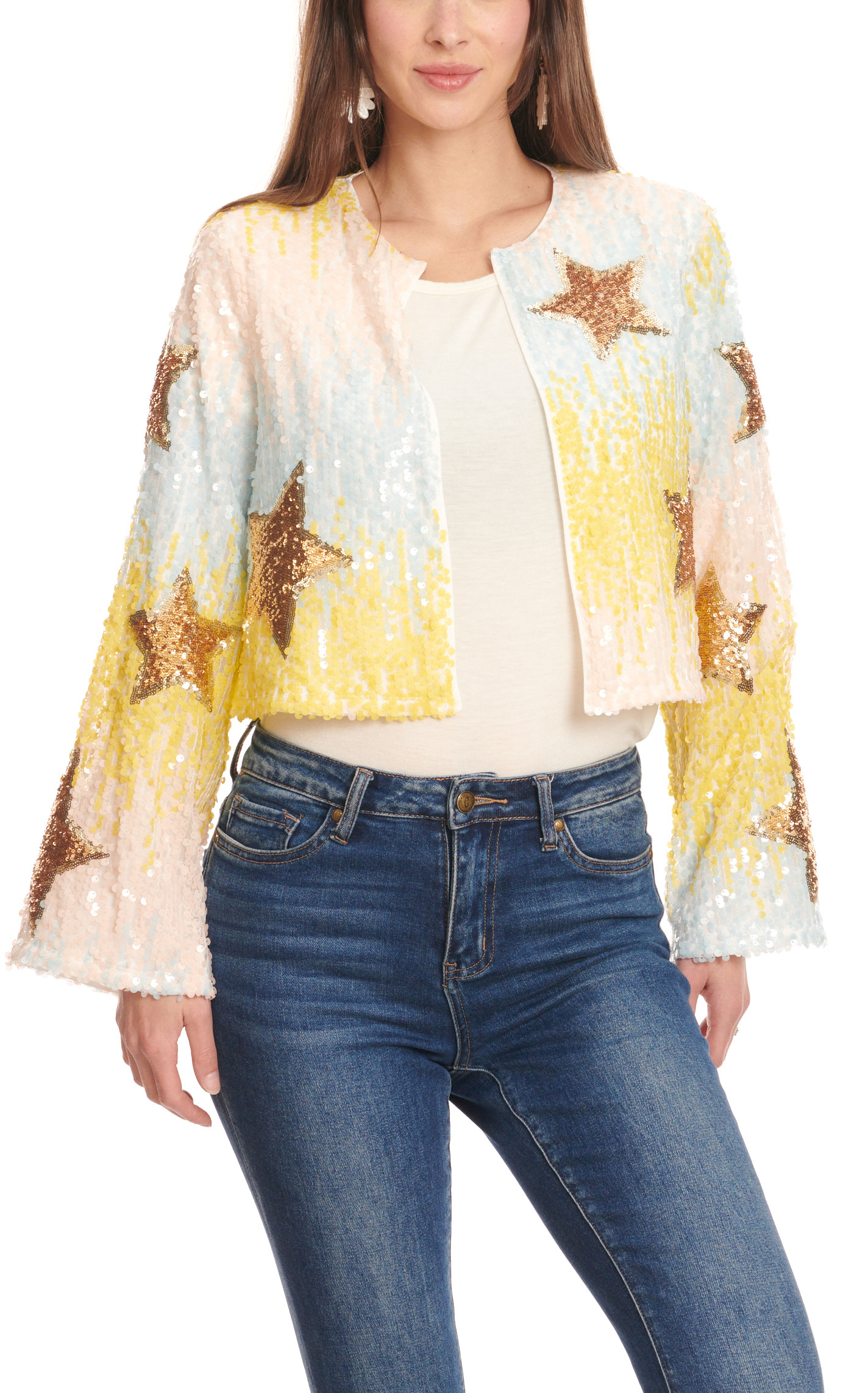 Blue B Women's Pale Pallet & Gold Star Sequined Cropped Jacket   - Image 1