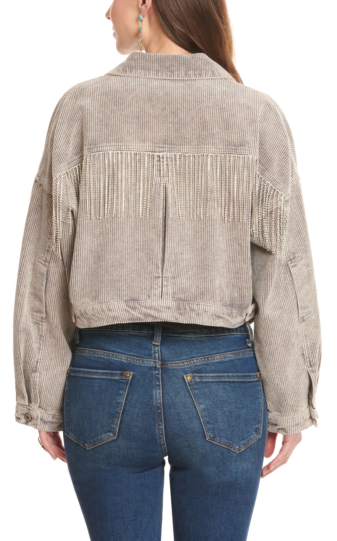 Blue B Women's Light Gray Rhinestone Fringed Cropped Corduroy Jacket - Image 1