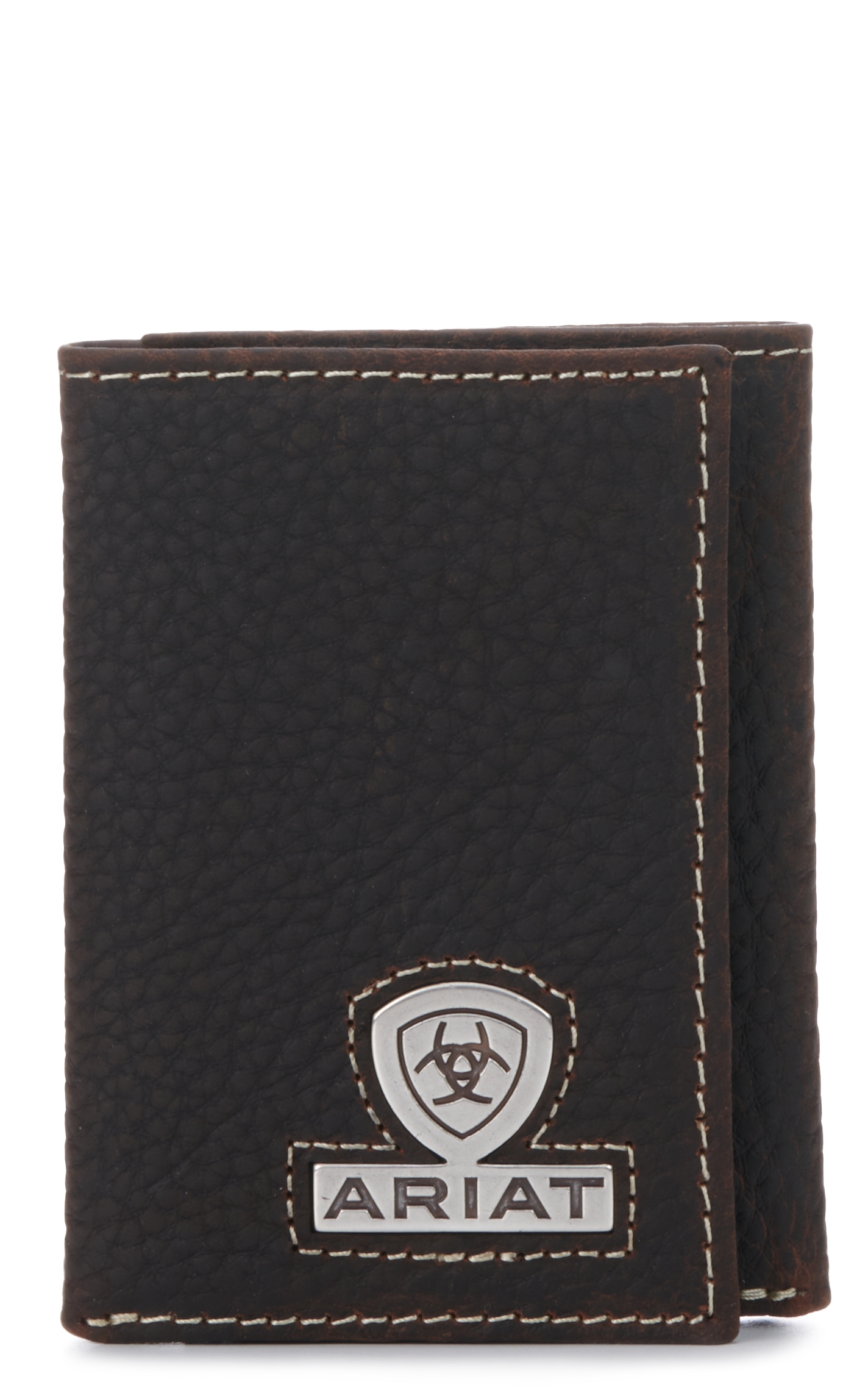 Ariat Men's Dark Brown Grain Leather with Silver Logo Tri-Fold Wallet - Image 1