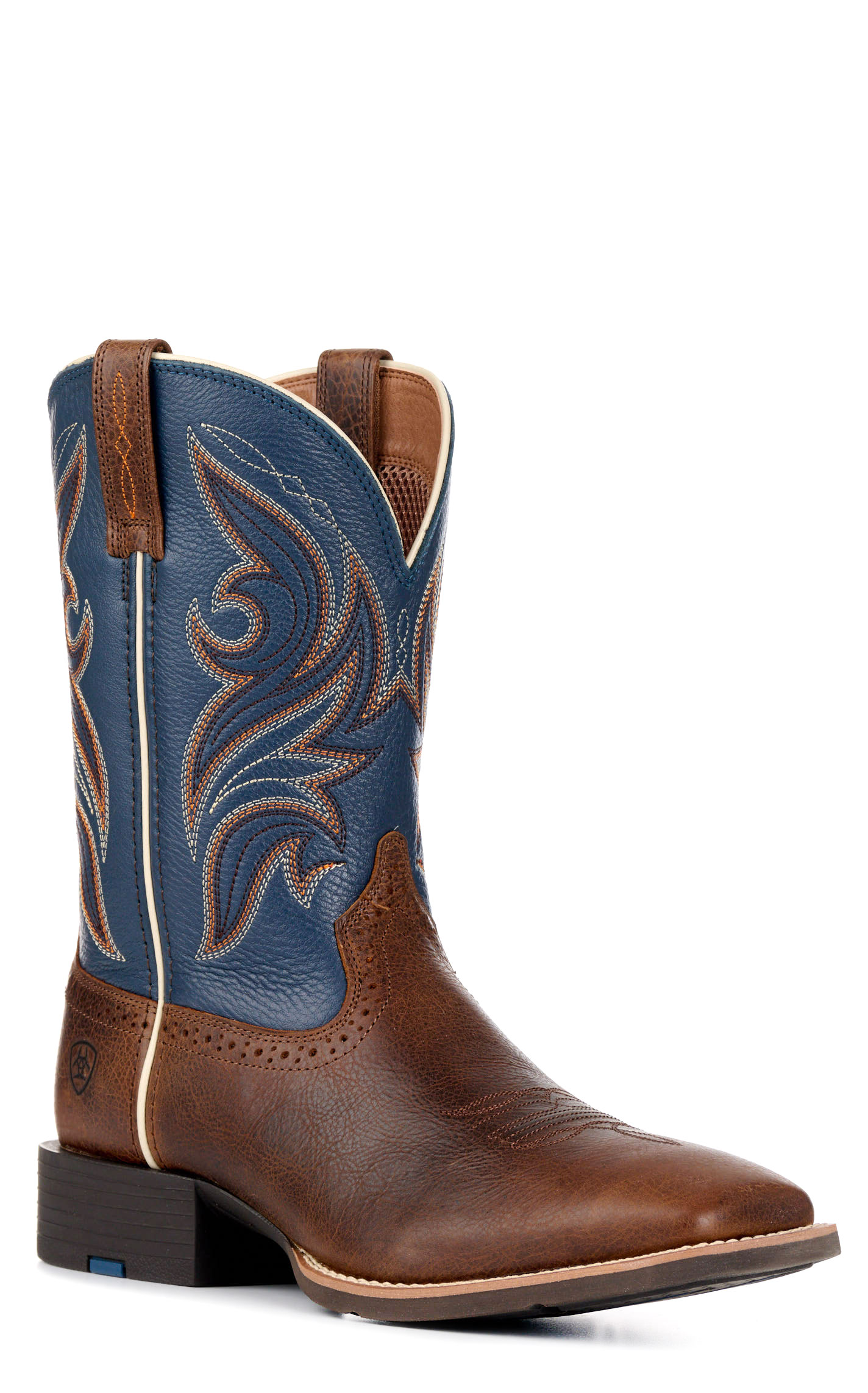 Ariat Men's Sport Knockout Dark Whiskey Brown and Sheriff Blue Wide Square Toe Cowboy Boot - Image 1