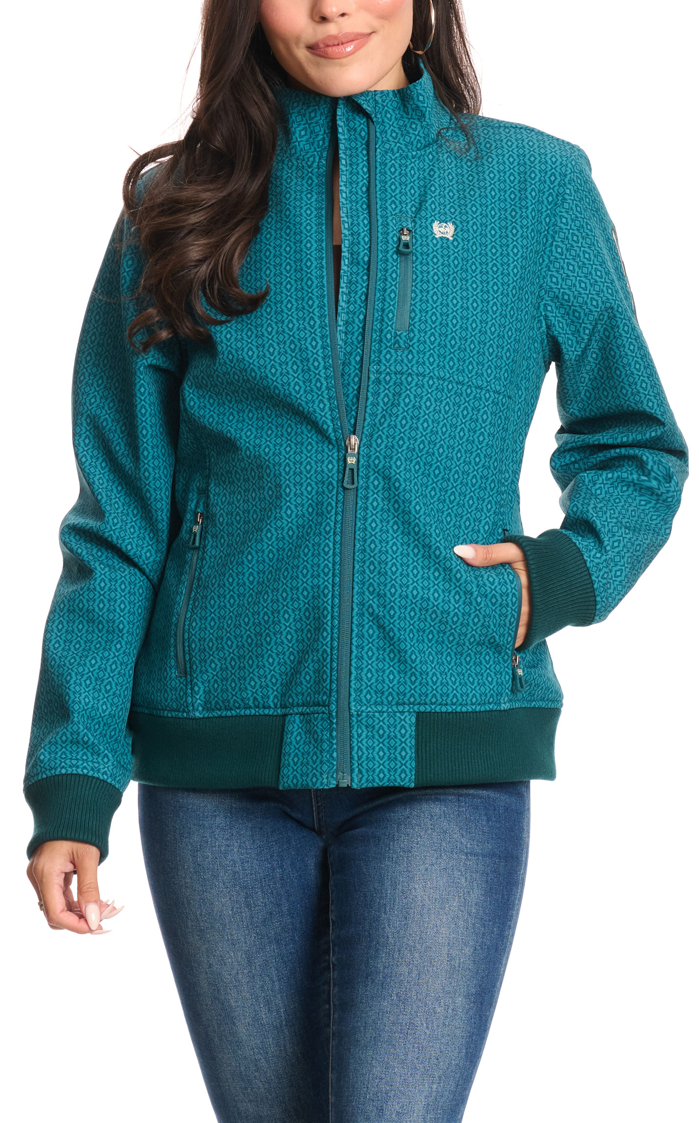 Cinch Women's Teal Geo Print Concealed Carry Logo Sleeve Bonded Jacket - Image 1