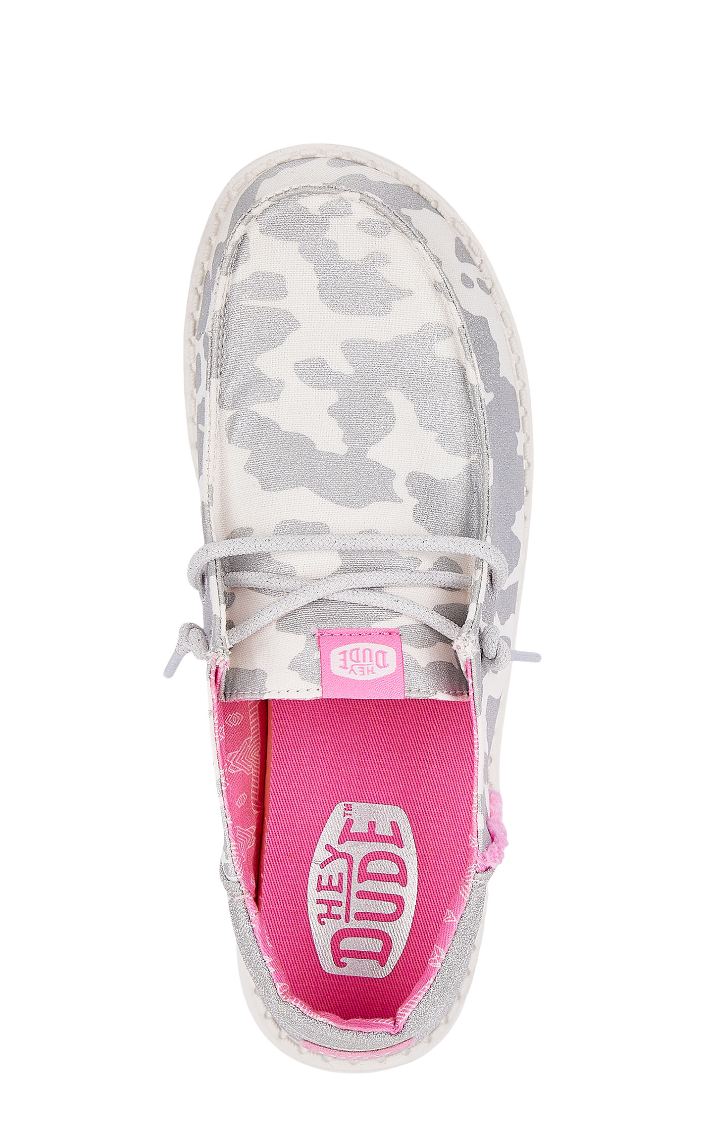 Hey Dude Women’s Wendy Funk Cow White, Silver and Pink Casual Shoes - Image 1