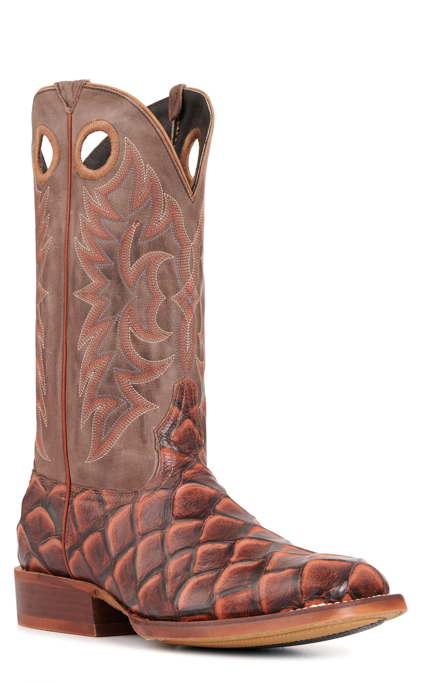 Cavender's Men's Intrepid Chocolate and Whisky Pirarucu Print Wide Square Toe Cowboy Boots - Image 1