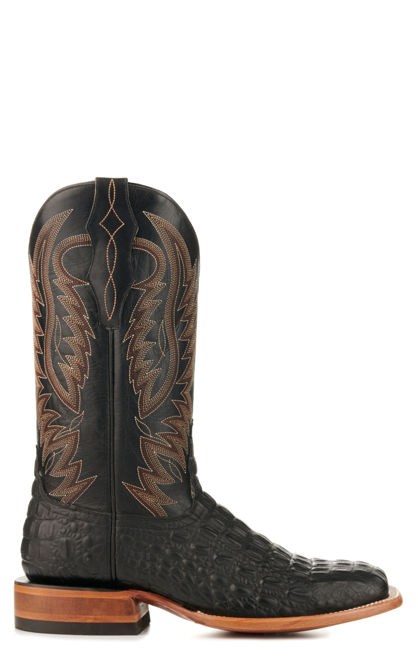 Cavender's Men's Black and Black Caiman Print Wide Square Toe Cowboy Boots - Image 1