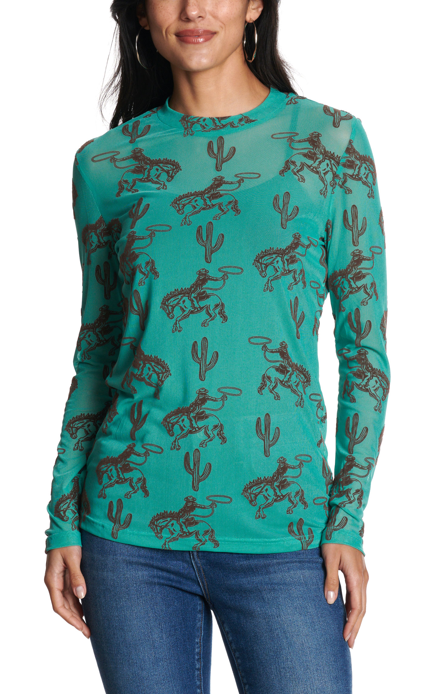 Marigold Kiss Women's Turquoise 3D Printed Mesh Top - Image 1