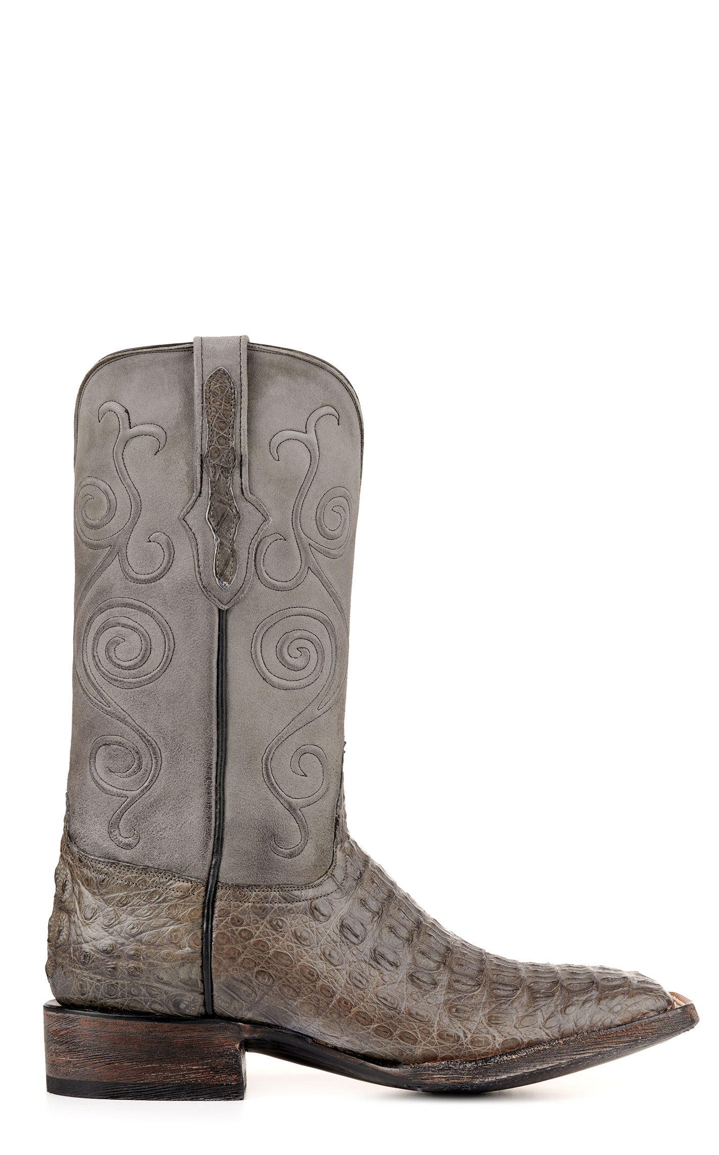 Black Jack Men's Burnished and Dark Gray Caiman Hornback Wide Square Toe Exotic Cowboy Boots - Image 1