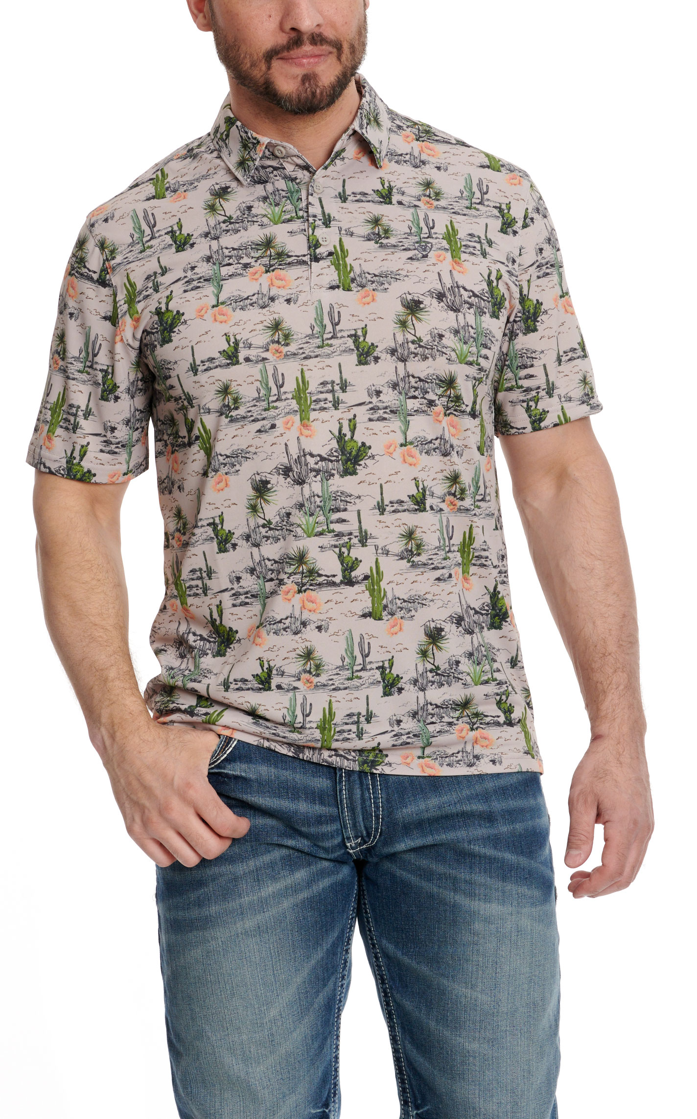 Ariat TEK Men's Taupe & Colorful Desert Cactus Print Short Sleeve Polo Shirt - Image 1
