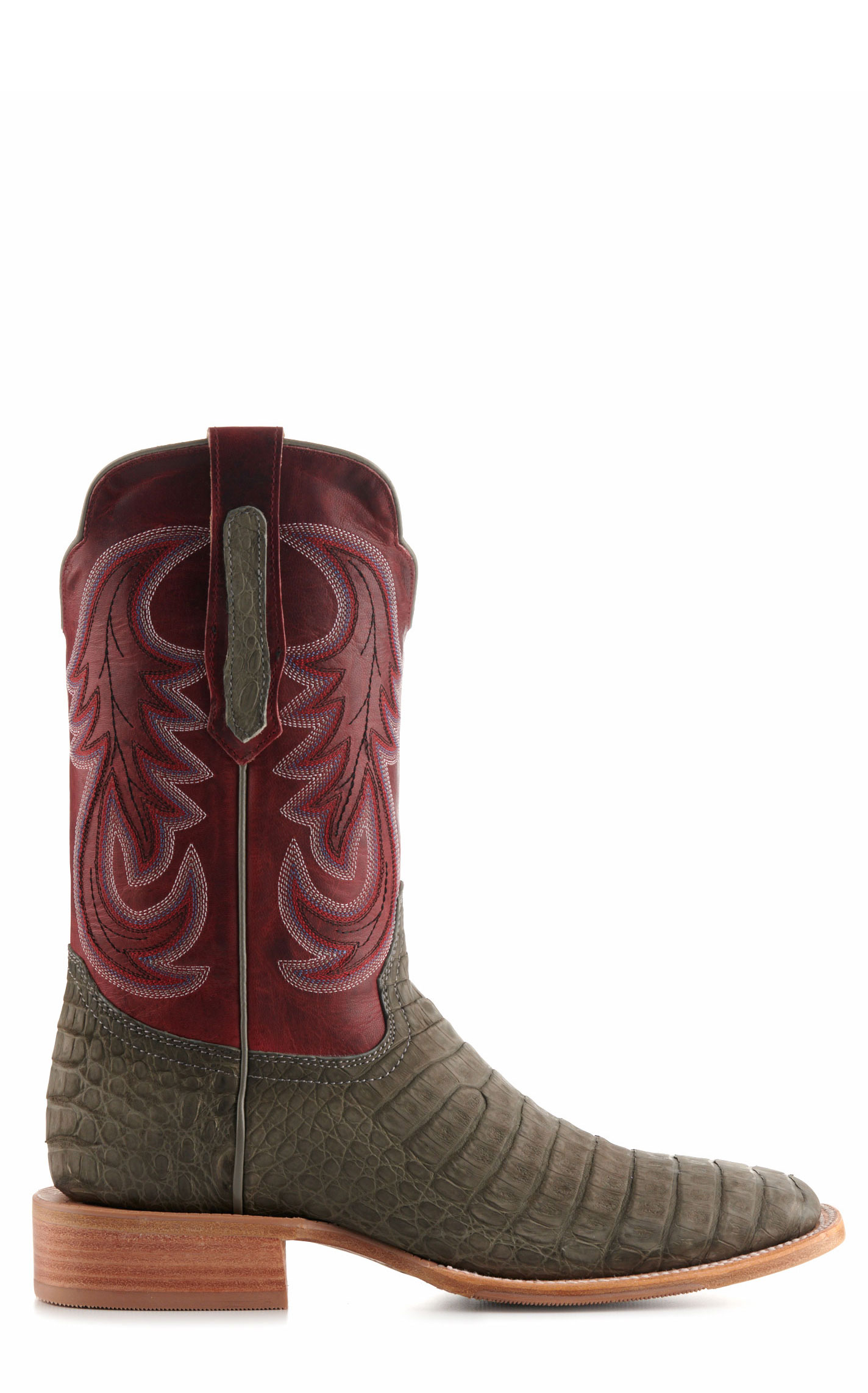 R. Watson Men's Rose Red and Charcoal Sueded Caiman Hybrid Wide Square Toe Exotic Cowboy Boots - Image 1