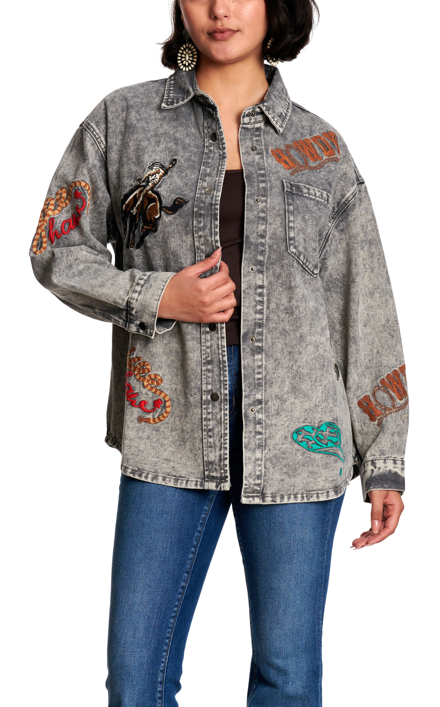 Marigold Kiss Women's Gray Wash Western Patch Denim Shacket  - Image 1
