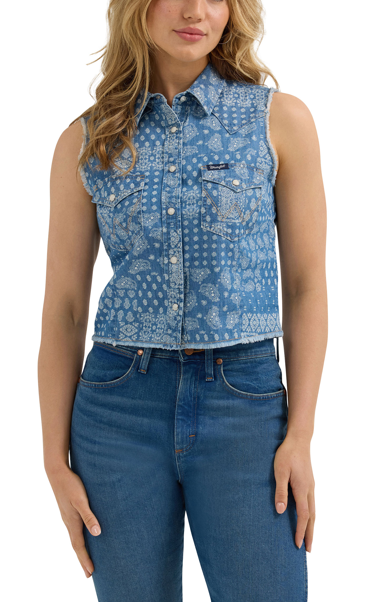 Wrangler Women's Light Denim Blue & White Western Crop Top - Image 1
