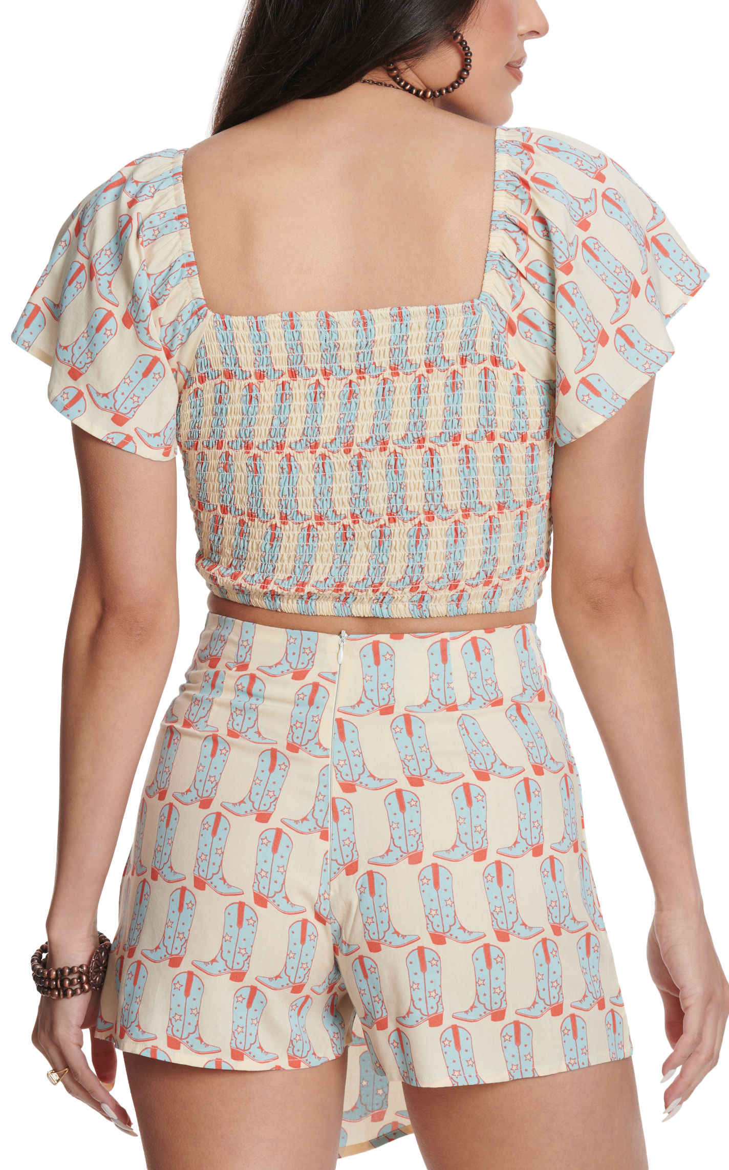 Rock & Roll Denim Women's White & Blue Boot Print Smocked Cropped Top - Image 1