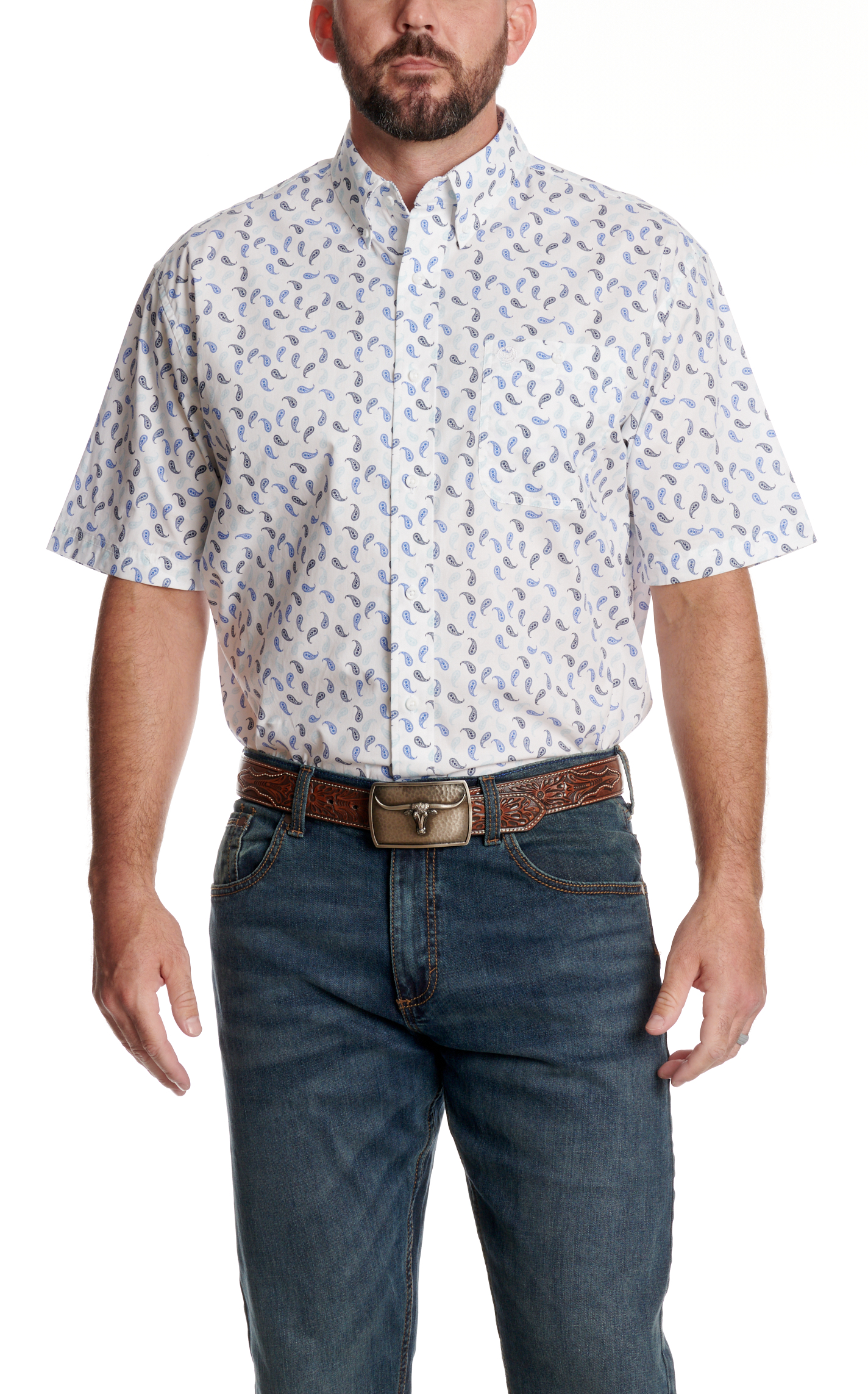 George Strait Men's White & Navy Paisley Print Western Shirt - Image 1