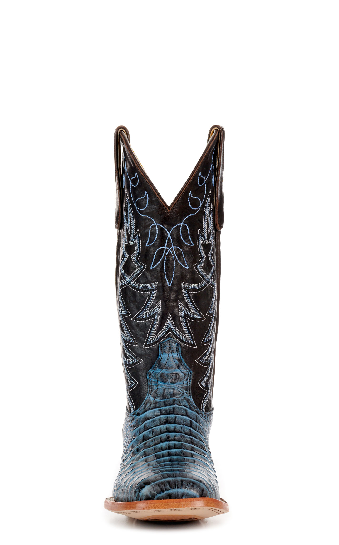 Cavender’s Women’s Endurance Chocolate and Blue Crocodile Print Wide Square Toe Cowboy Boots - Image 1