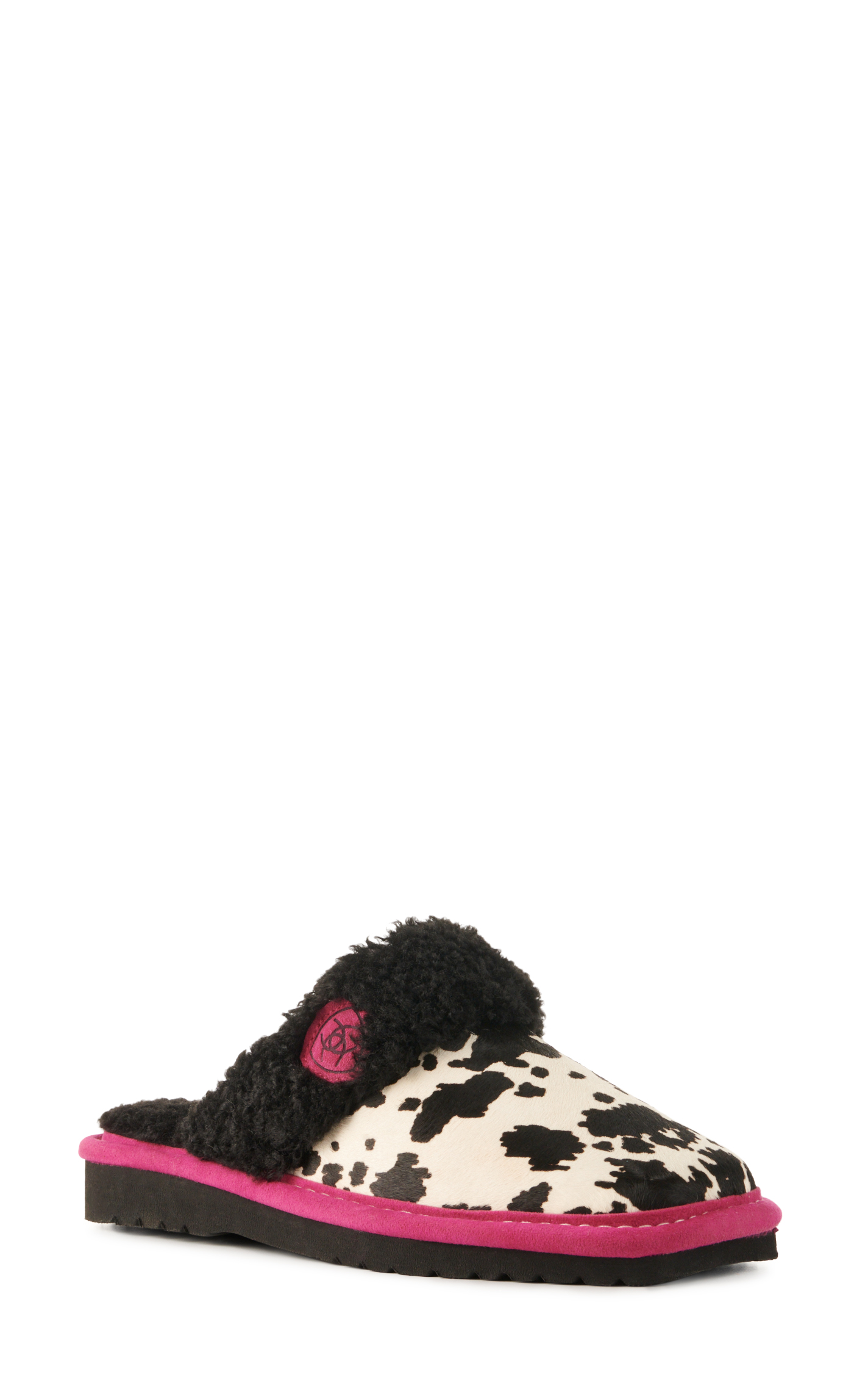 Ariat Women's Jackie White and Black Cow Print Hair Slippers - Image 1