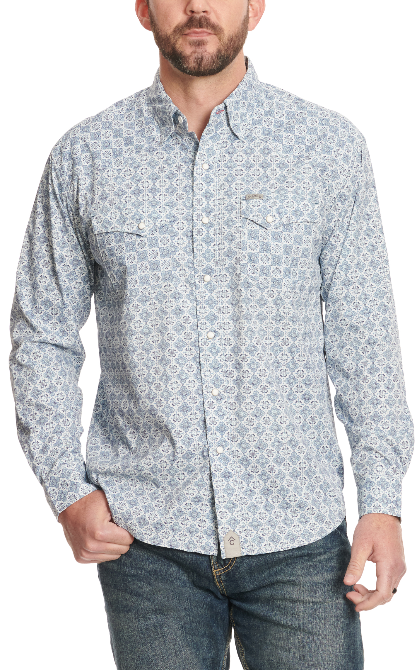 Rafter C Outdoors Men's Denim Blue Medallion Print Fishing Shirt - Image 1