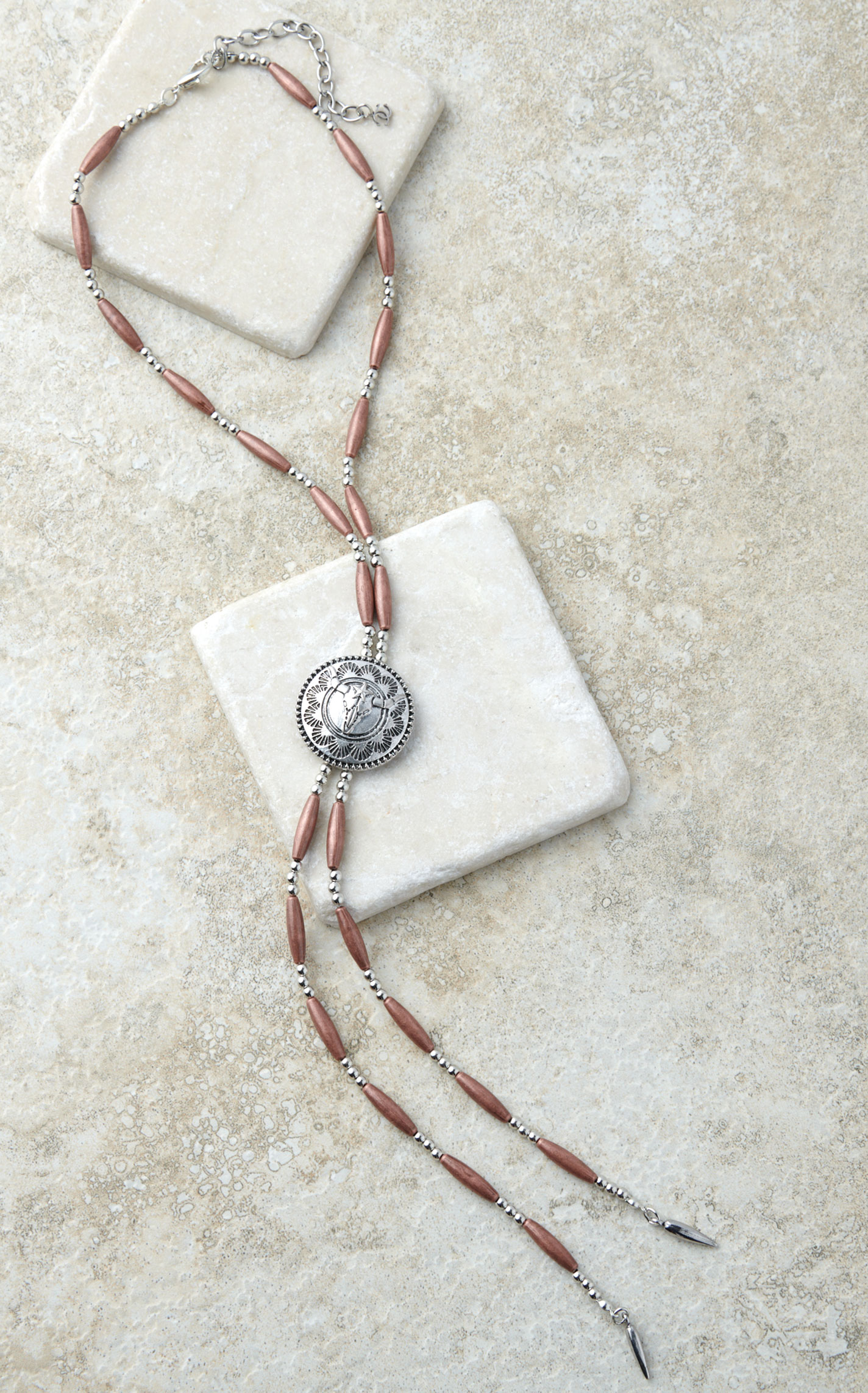 Cowgirl Confetti Etched Longhorn Concho Silver & Copper Beaded Bolo Style Necklace - Image 1