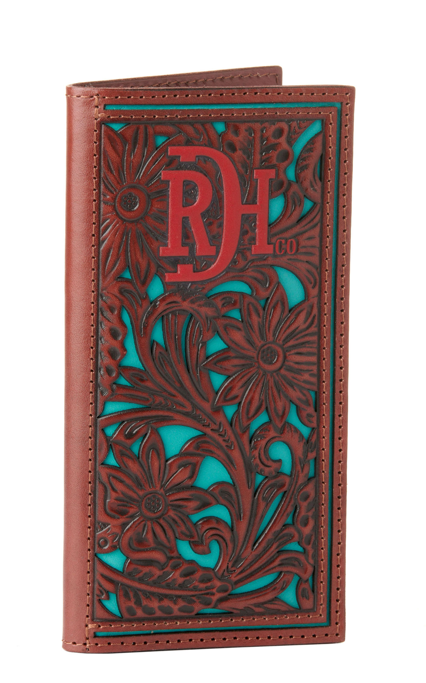 Red Dirt Hat Co. Red-Brown Leather Floral Tool Turquoise Underlay Rodeo Wallet - Image 1