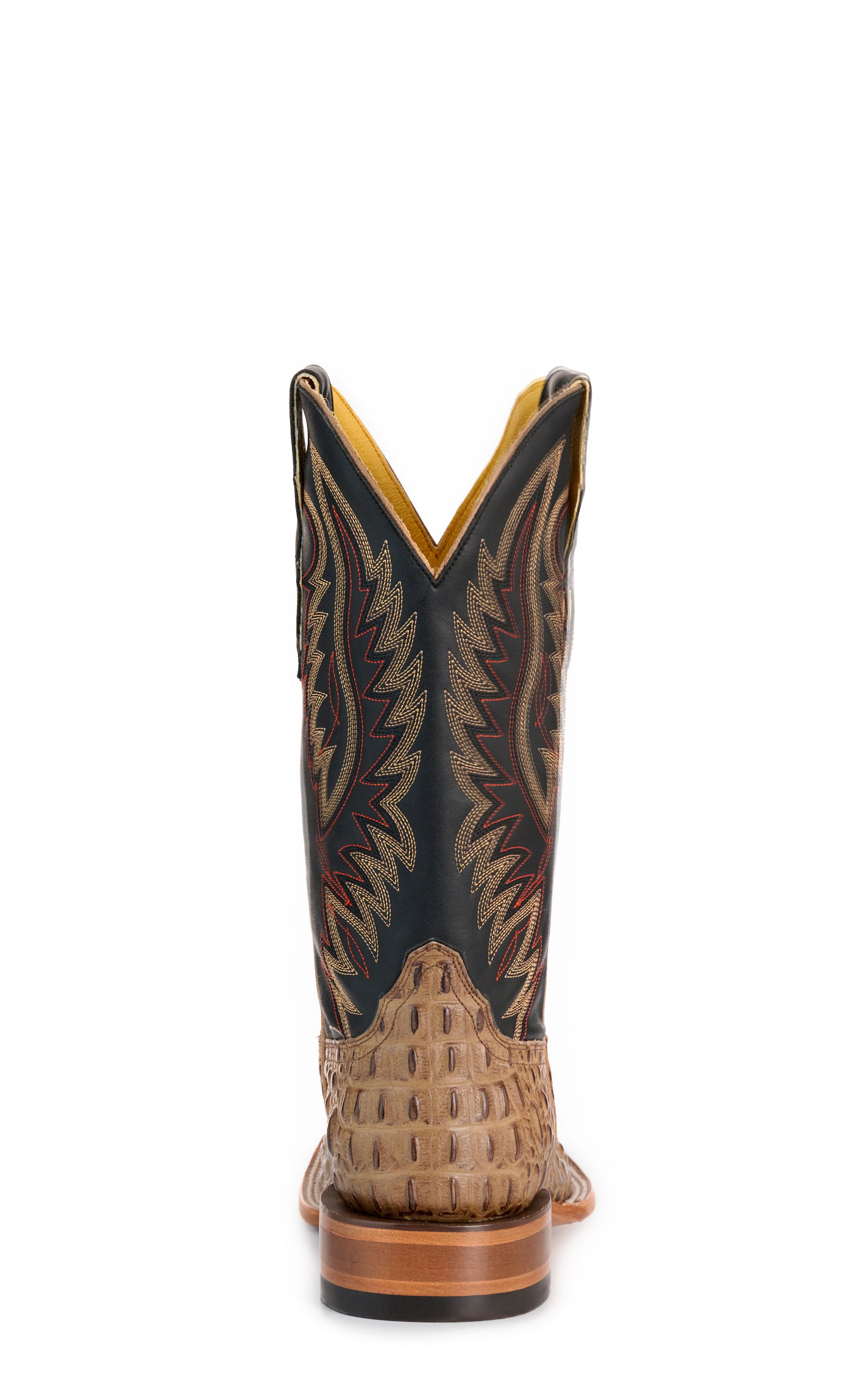 Cavender's Men's Pecan Caiman Print and Black Wide Square Toe Cowboy Boots - Image 1