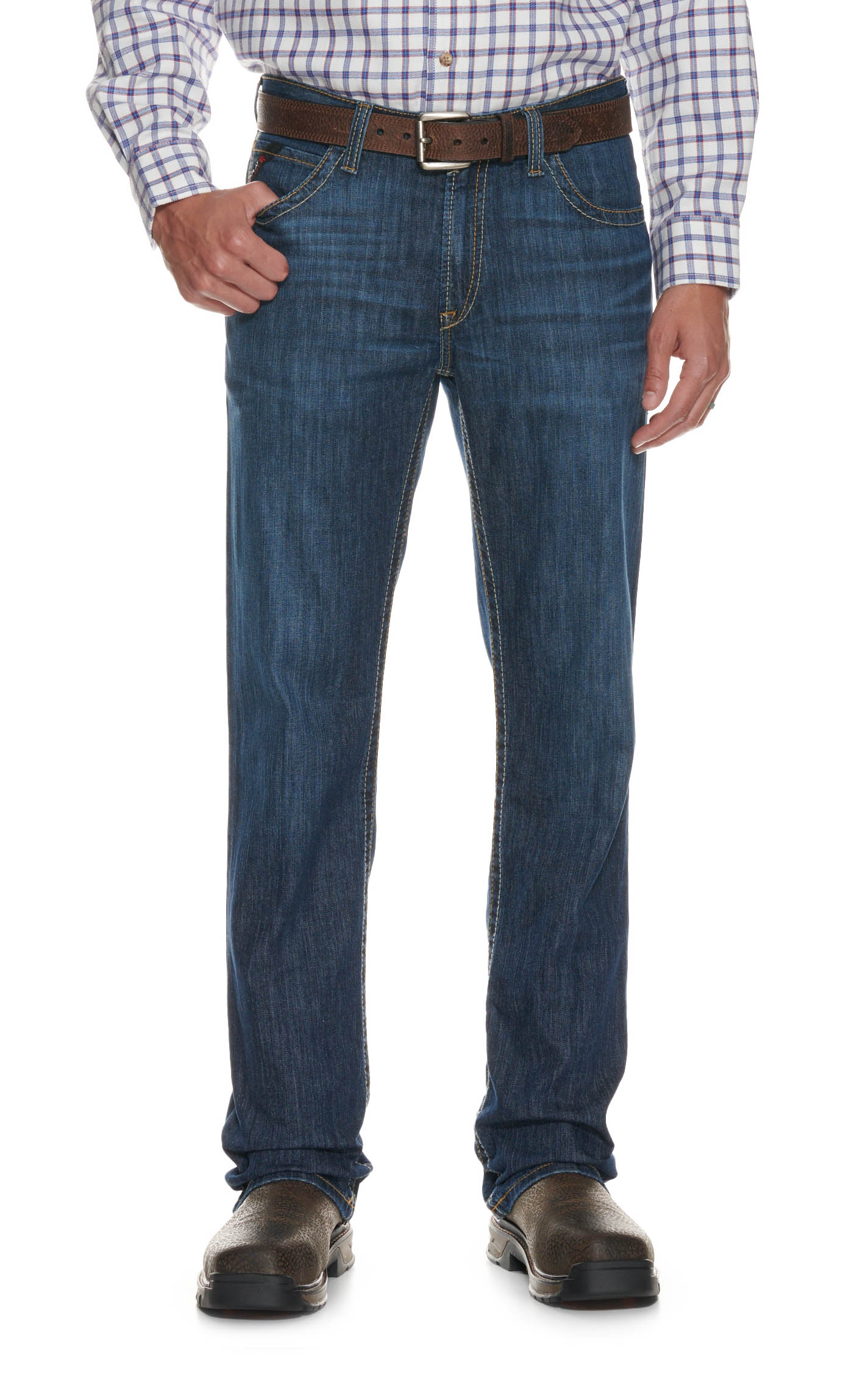 Ariat Men's FR M4 Jett Medium Wash Stretch DuraLight Relaxed Fit Boot Cut Work Jeans - Image 1