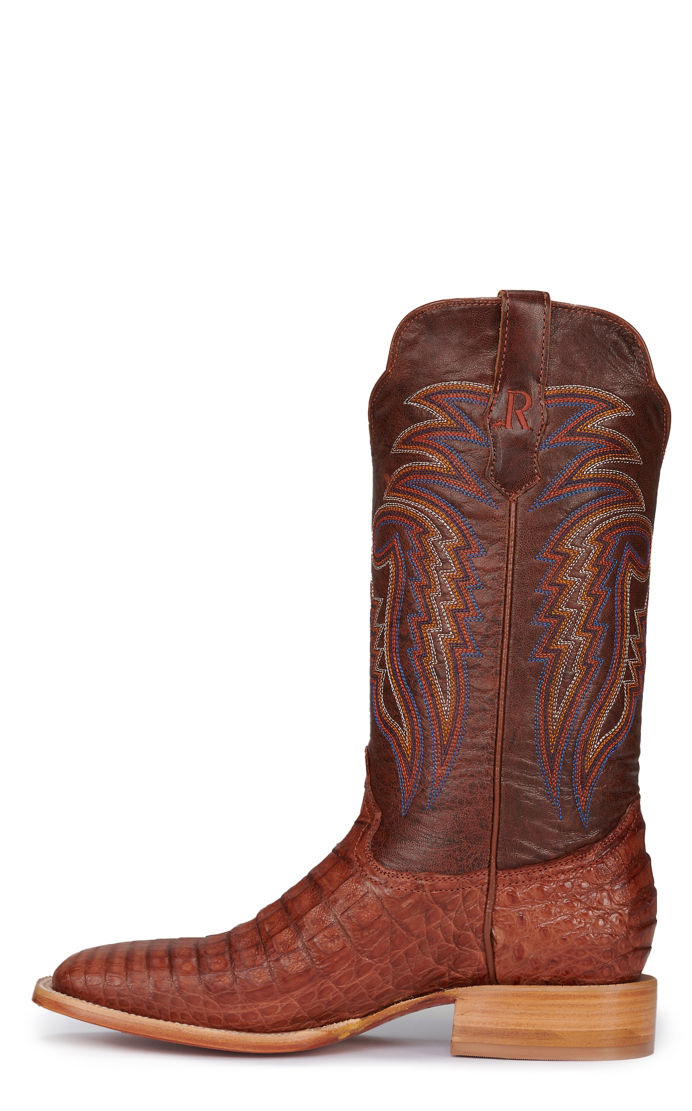 R Watson Men's Antique Cognac Caiman Belly Wide Square Toe Exotic Cowboy Boots - Image 1