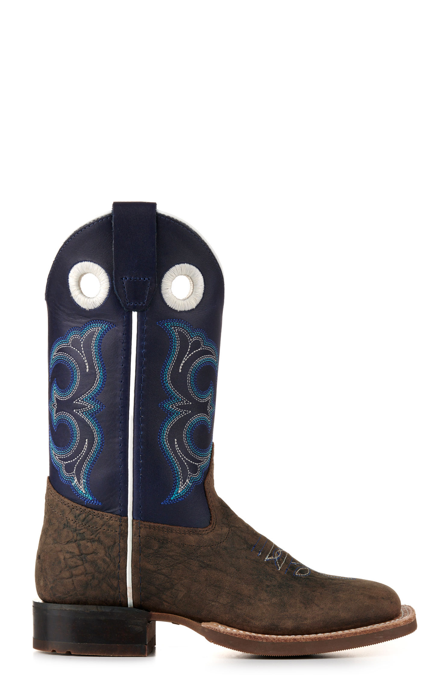 Old West Youth Dark Brown and Blue Wide Square Toe Cowboy Boots - Image 1