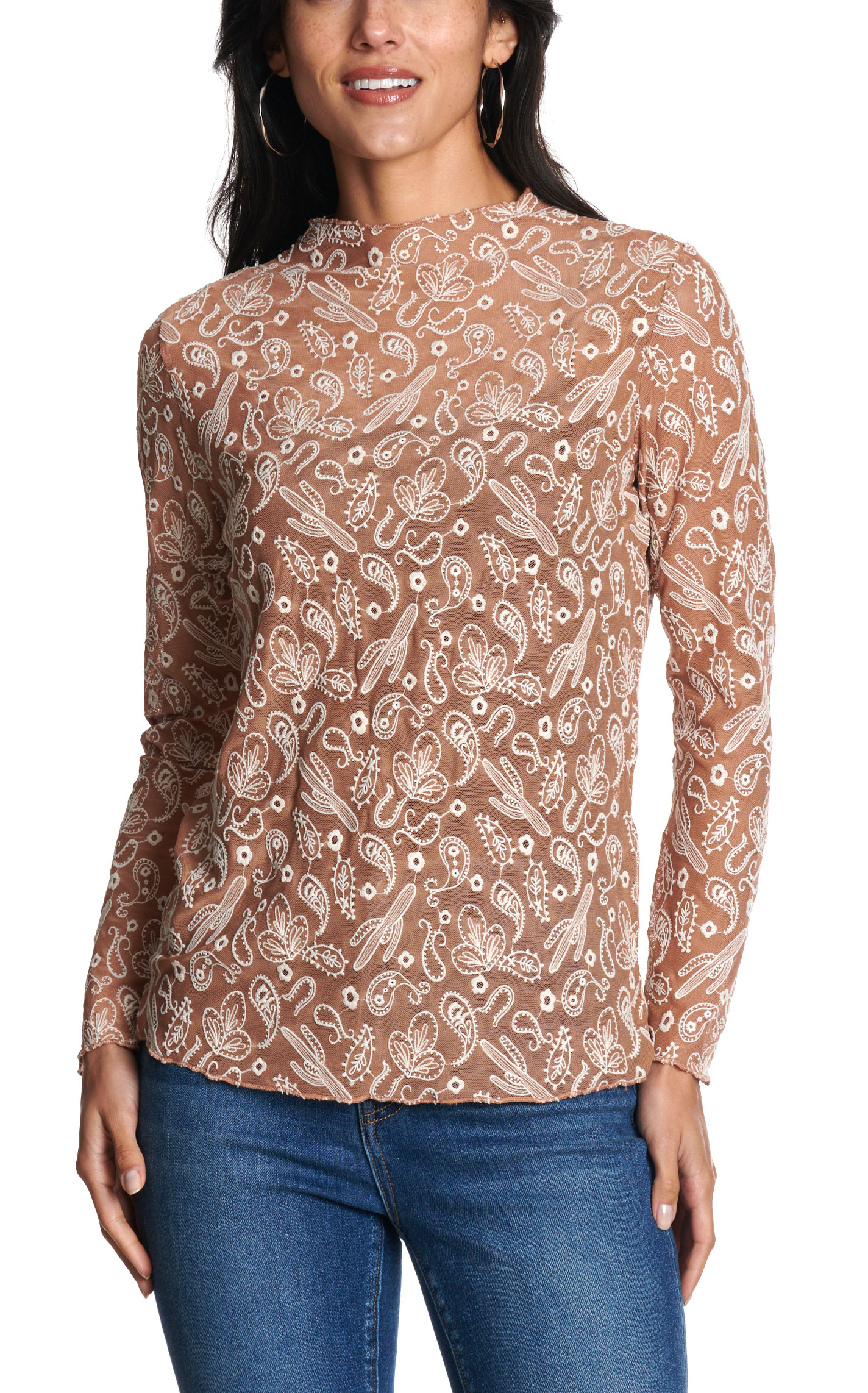 Merigold Kiss Women's Caramel Paisley Print Mesh Top - Image 1