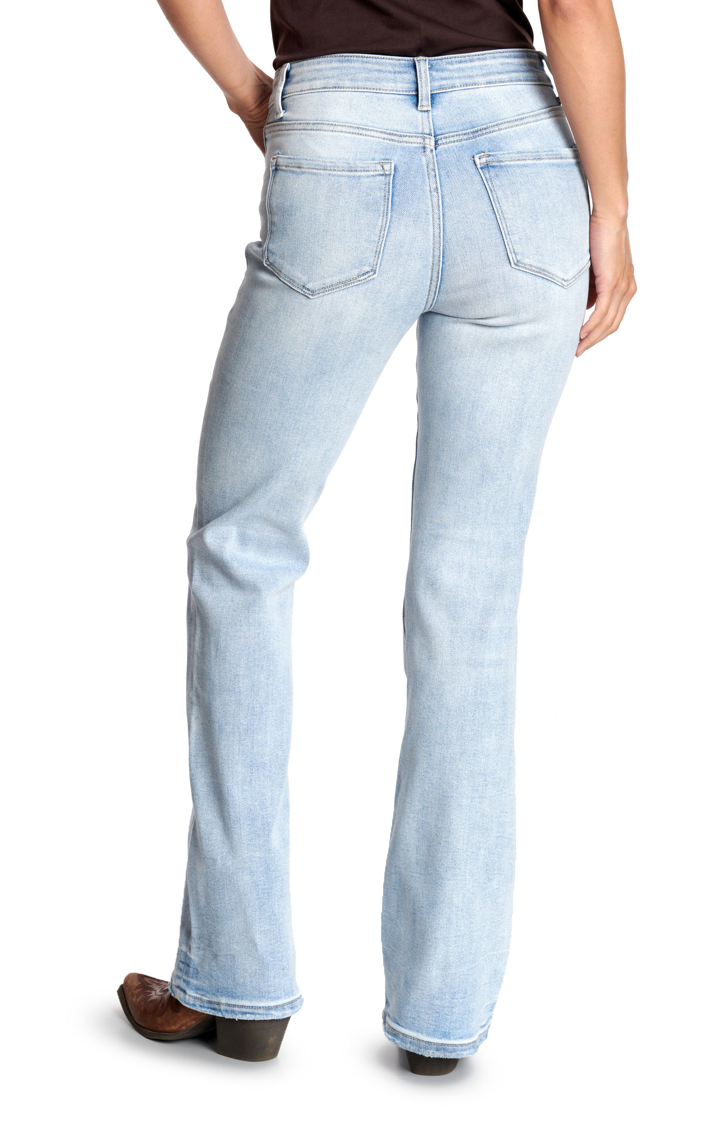 Lovervet Women's Light Wash Mid Rise Distressed Hem Bootcut Jeans - Image 1