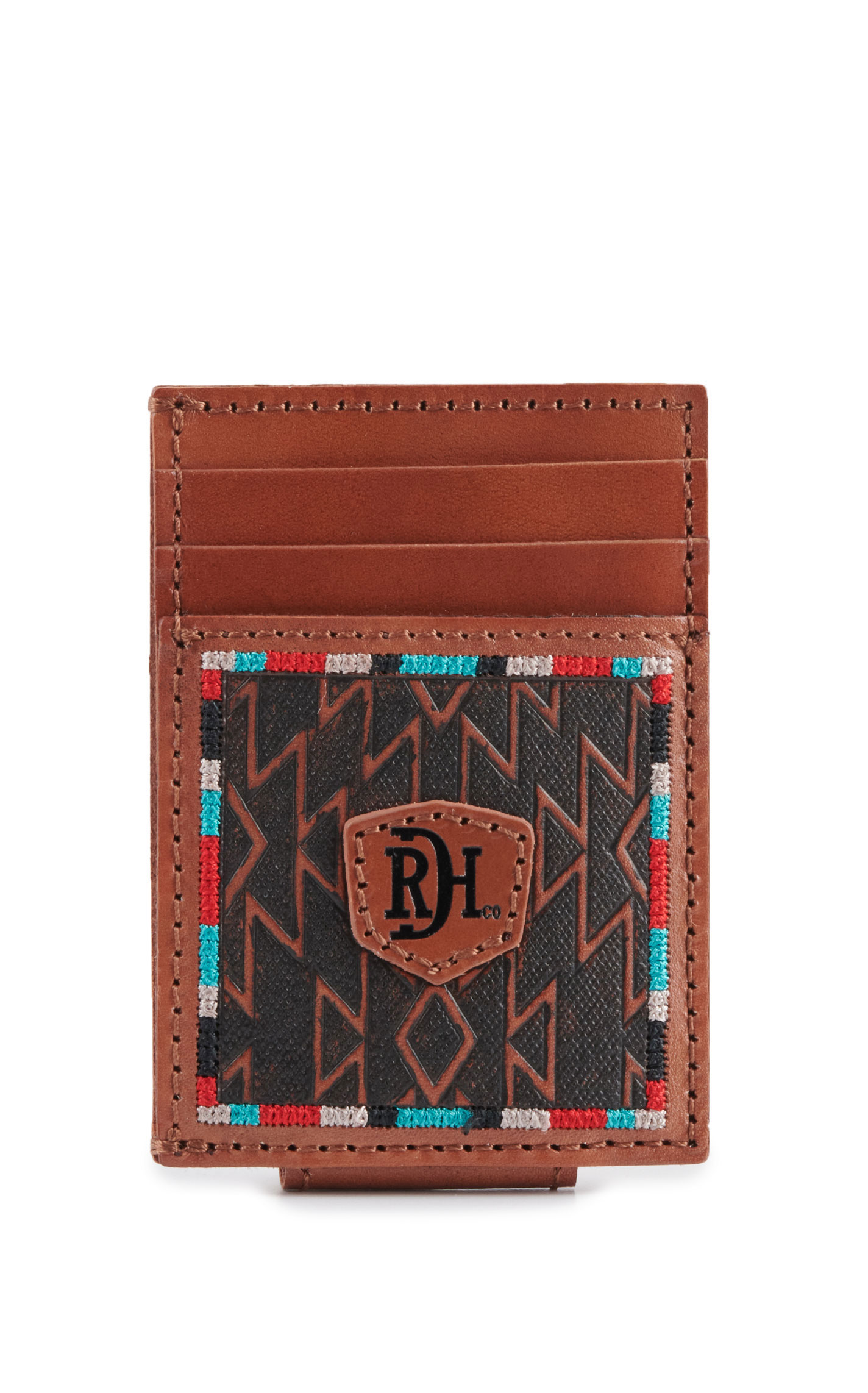 Red Dirt Hat Co. Brown Leather with Colorful Aztec Money Clip Card Case - Image 1