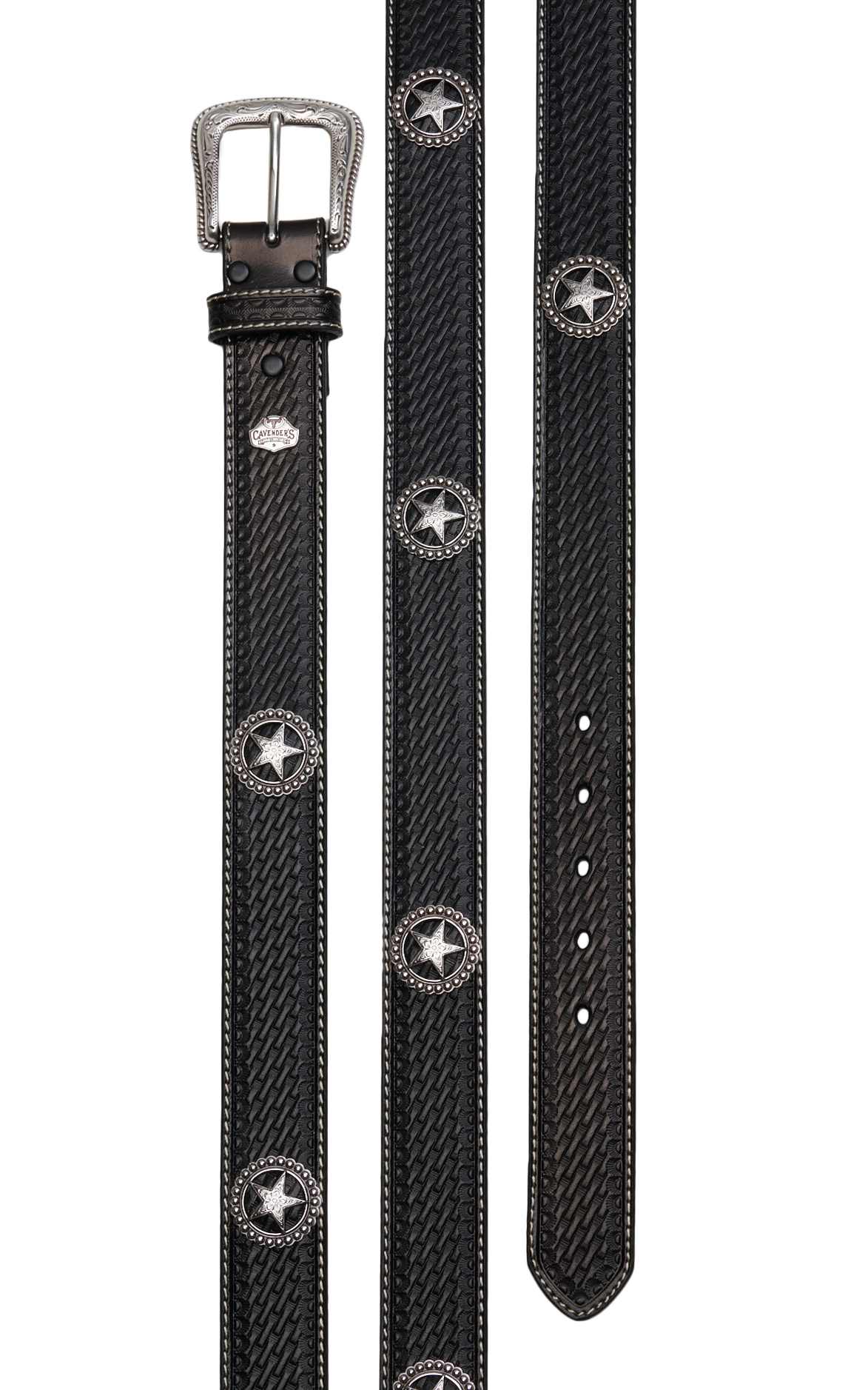 Cavender's Men's Black Basket Weave & Silver Star Concho with Etched Silver Buckle Western Belt - Image 1