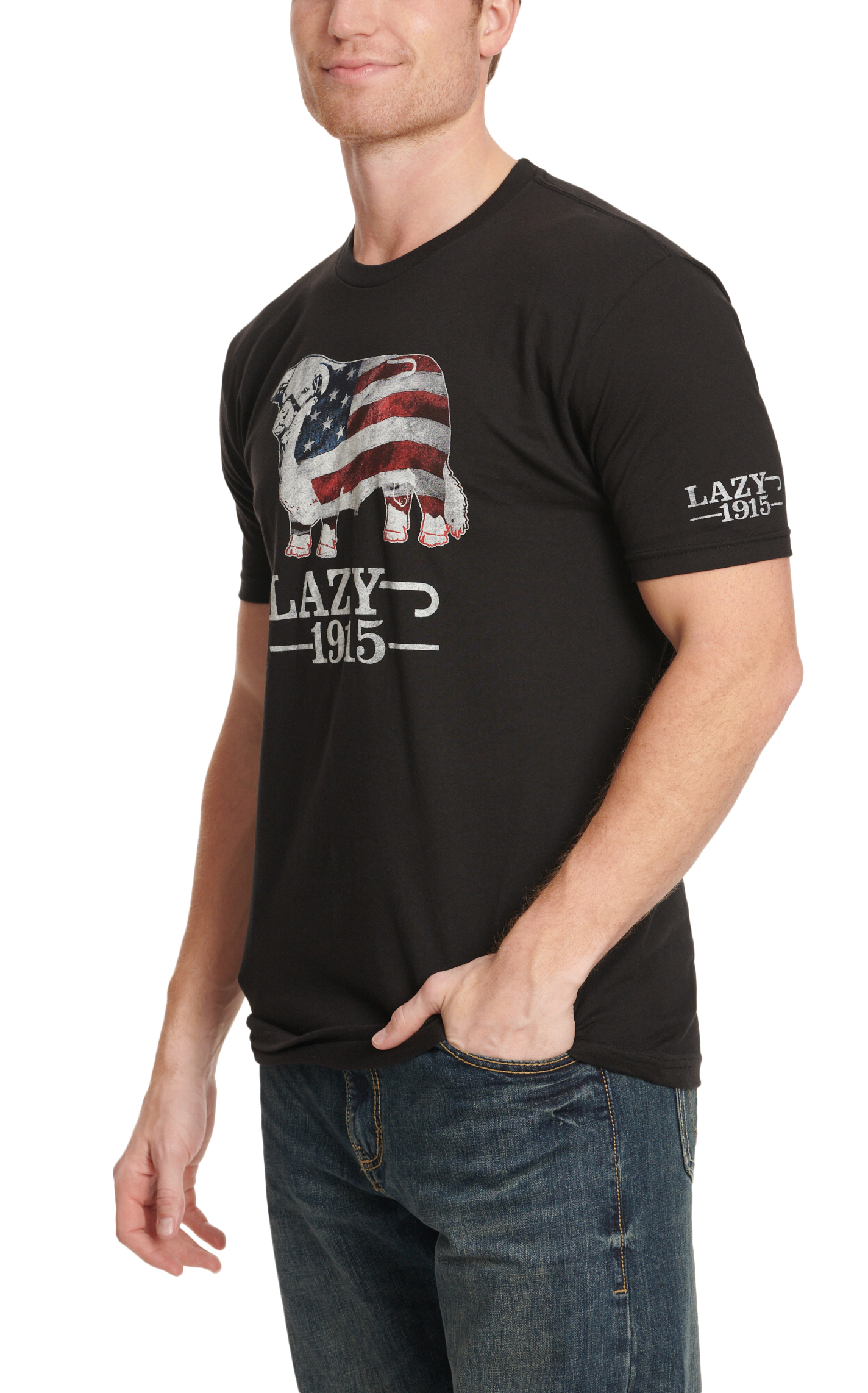 Lazy J Men's Black & Lazy 1915-Flag Bull Logo Graphic T-Shirt - Image 1